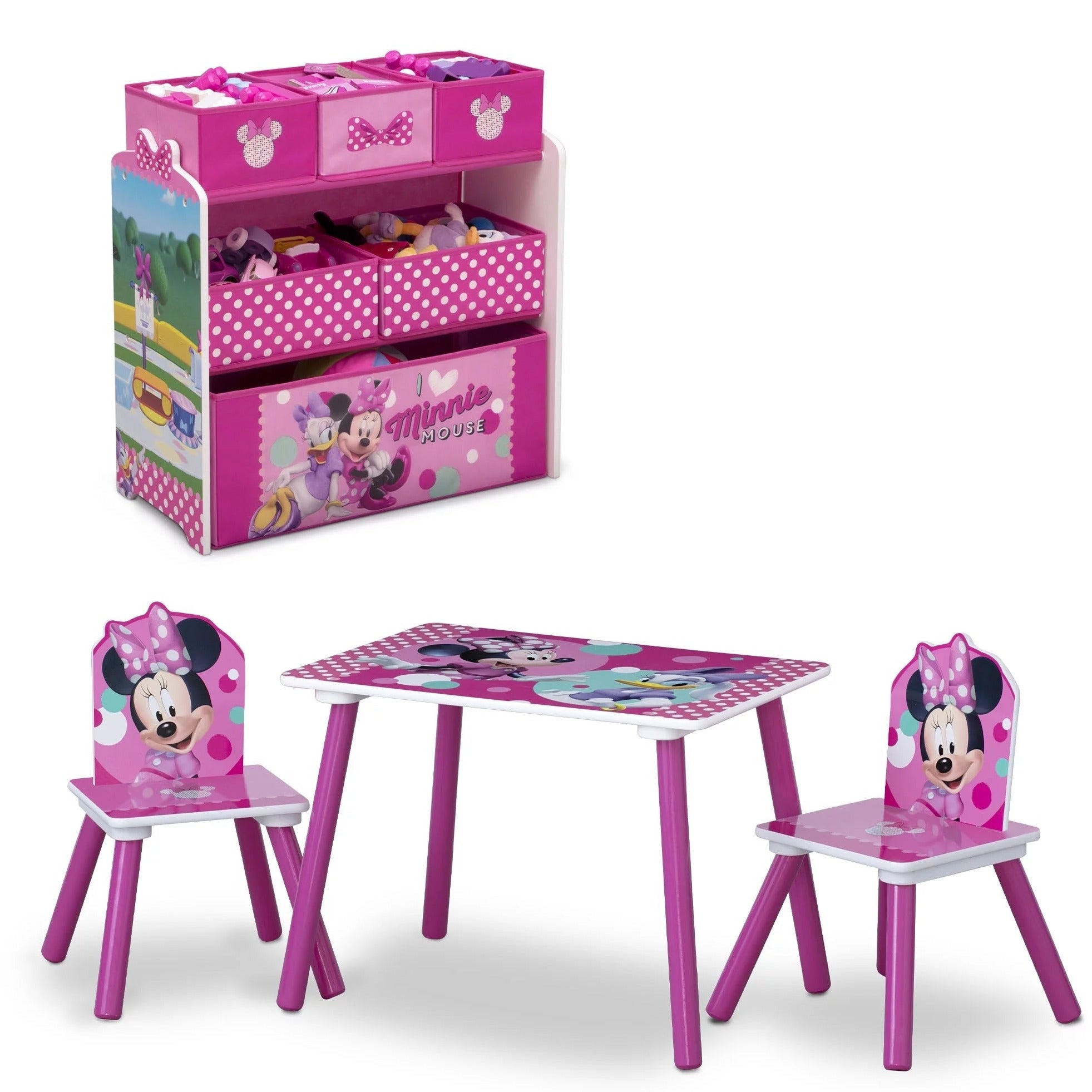 Minnie Mouse 4-Piece Wood Toddler Playroom Set – Includes Table, 2 Chairs & Toy Bin, Pink