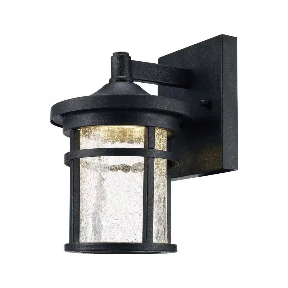 Westbury 8.5 In. Aged Iron Small LED Outdoor Wall Light Fixture with Clear Crackled Glass