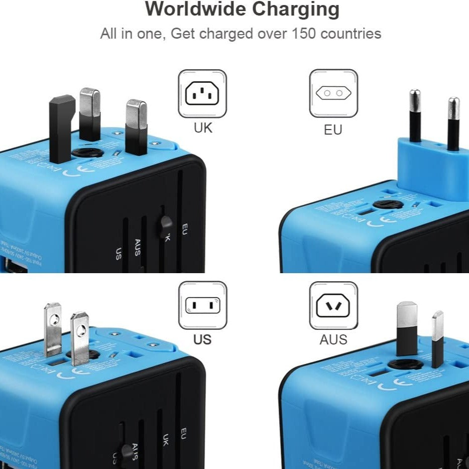 Universal Travel Adapter, All-In-One International Power Adapter with 2.4A Dual USB, European Wall Charger for UK, EU, AU, Asia Covers 150+Countries (Blue)