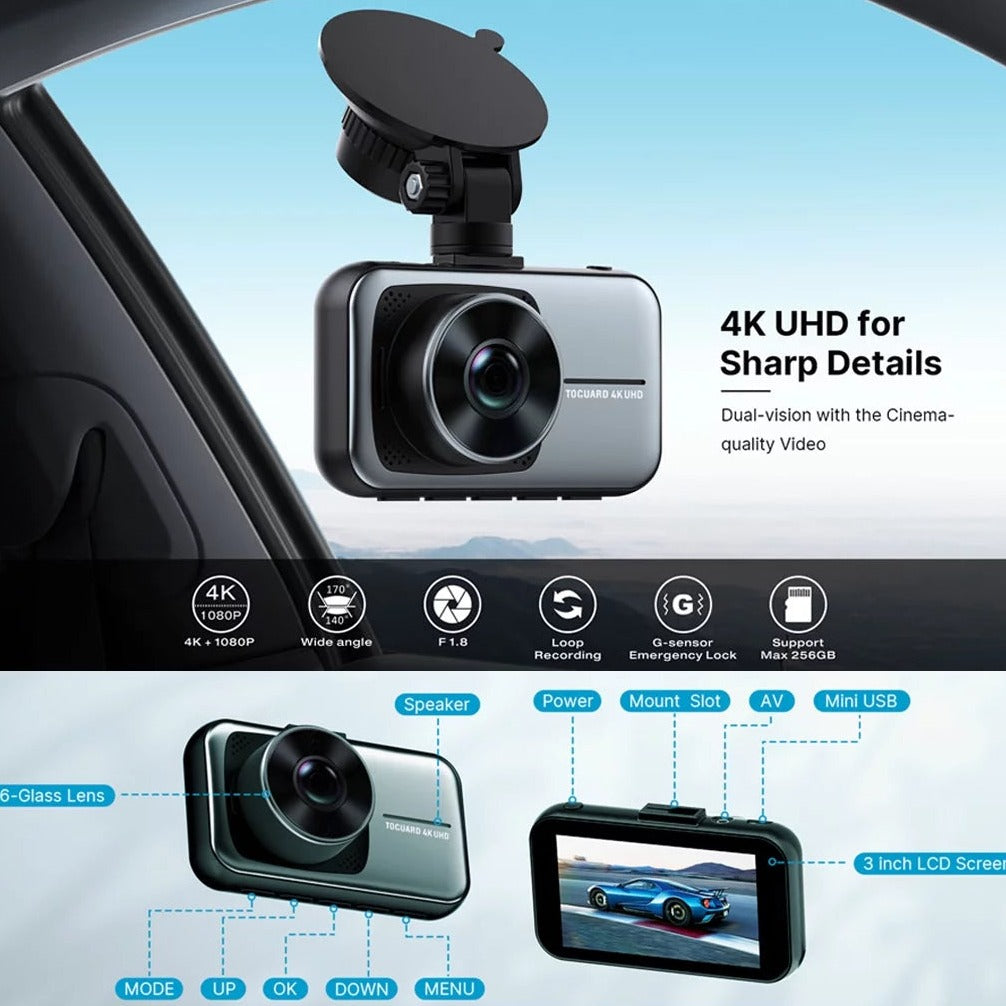 4K Dash Cam Front and Rear 3-Inch LCD WDR Dual Dash Camera, with 1080P Waterproof Car Camera, Loop Recording, G-Sensor Function, Motion Detection, Parking Monitor