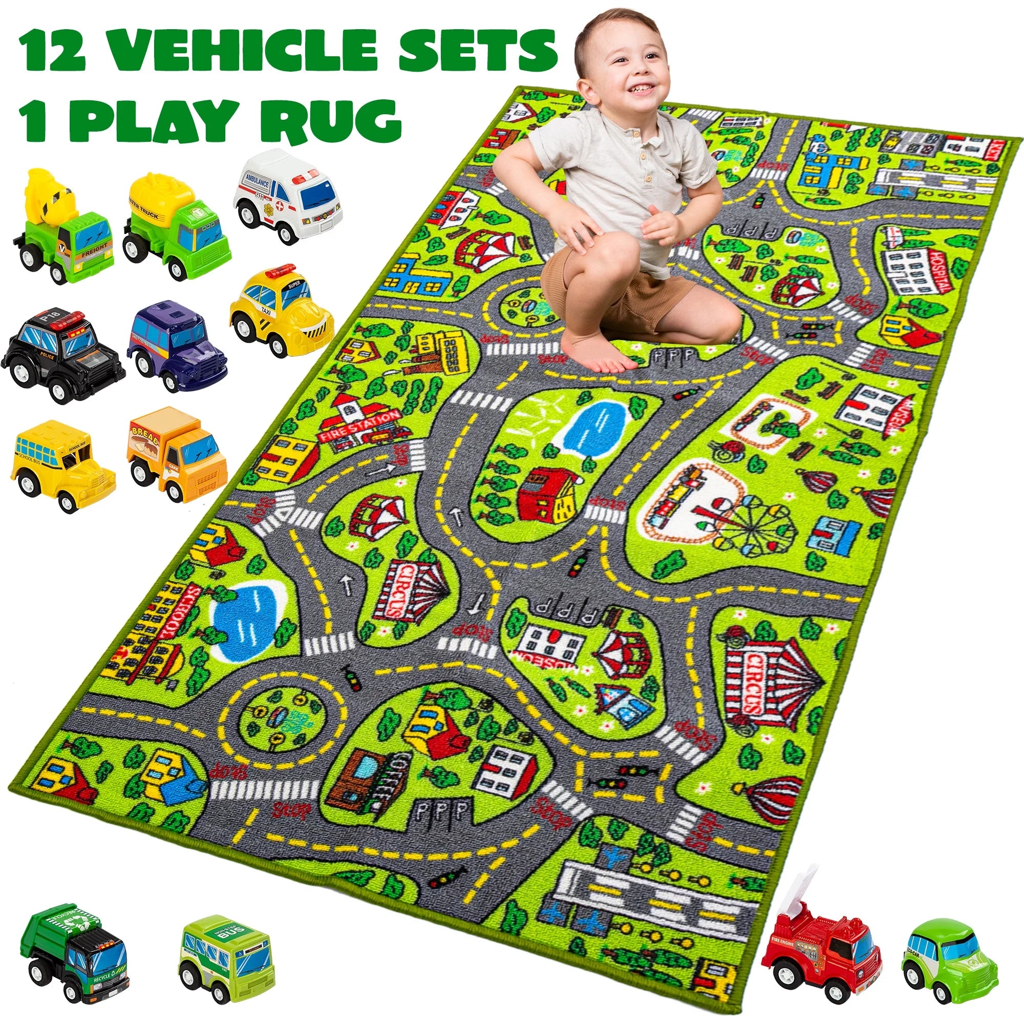 Kids Car Play Rug for Playroom,Durable Toddler Car Track Play Mat Rug,Car Carpet with 12 Pull-Back Vehicle Set