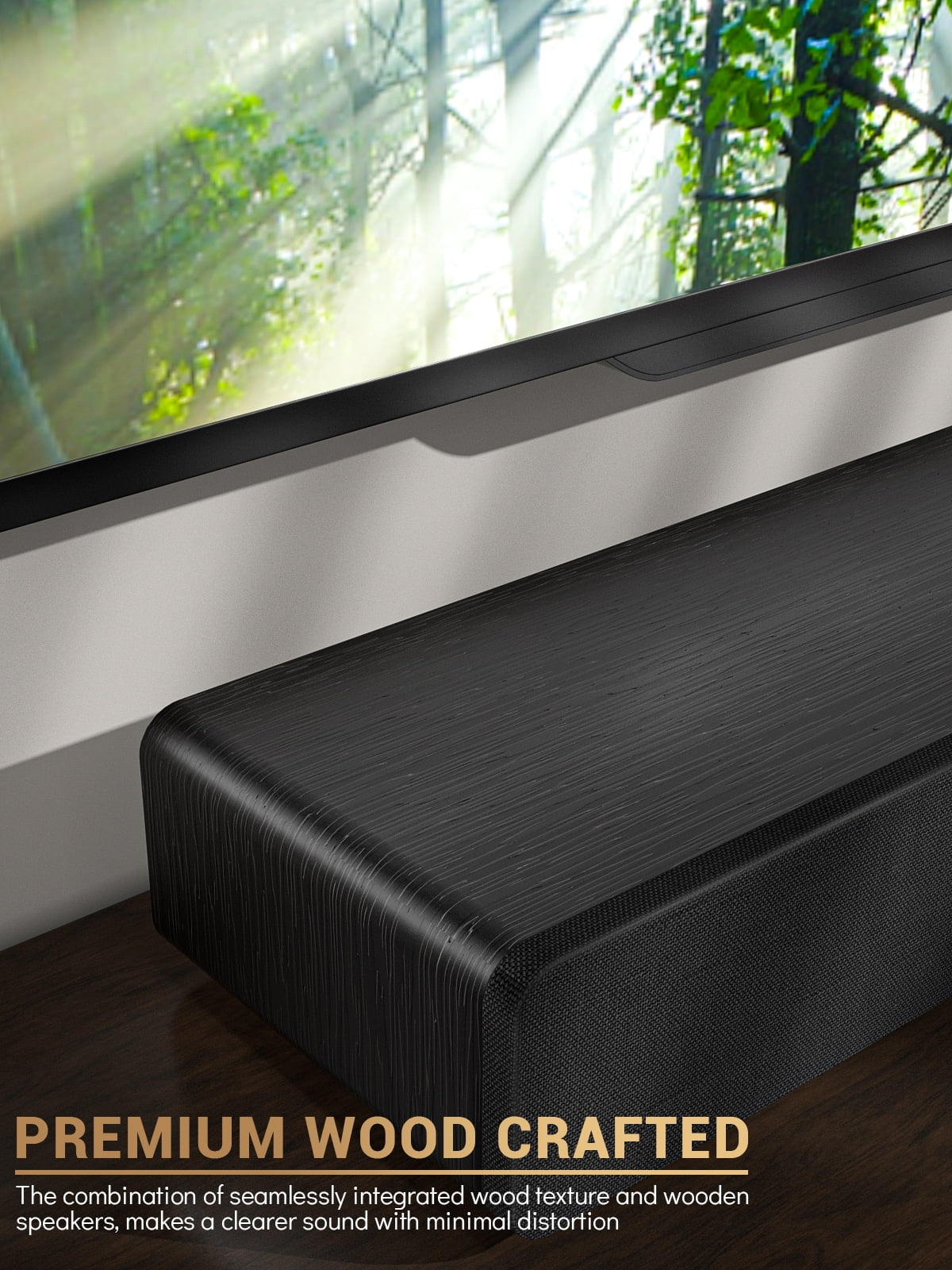 Sound Bar 28Inch Sound Bar for TV Built-In Subwoofer Wooden 150W Includes HDMI Cable Bass/Treble Adjustable 5 EQ Modes HDMI Arc/Optical/Aux/Bluetooth/Usb