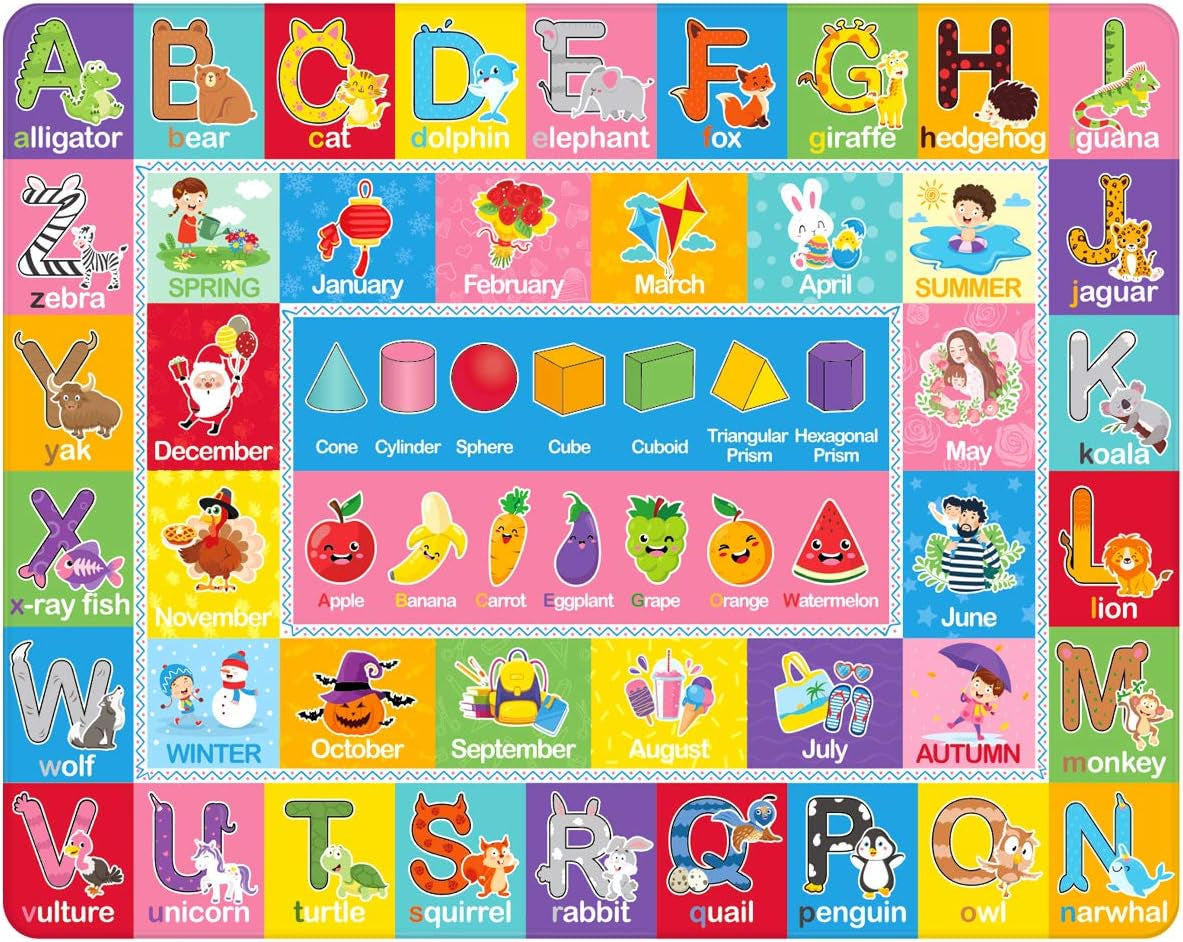 Play Rugs Playroom Mat with Colorful Pattern, Playtime Collection ABC Alphabet, Seasons, Months, Fruit and Shapes Playmat Educational Rug for Kids Playroom Bedroom, 55 X 43.3 Inch