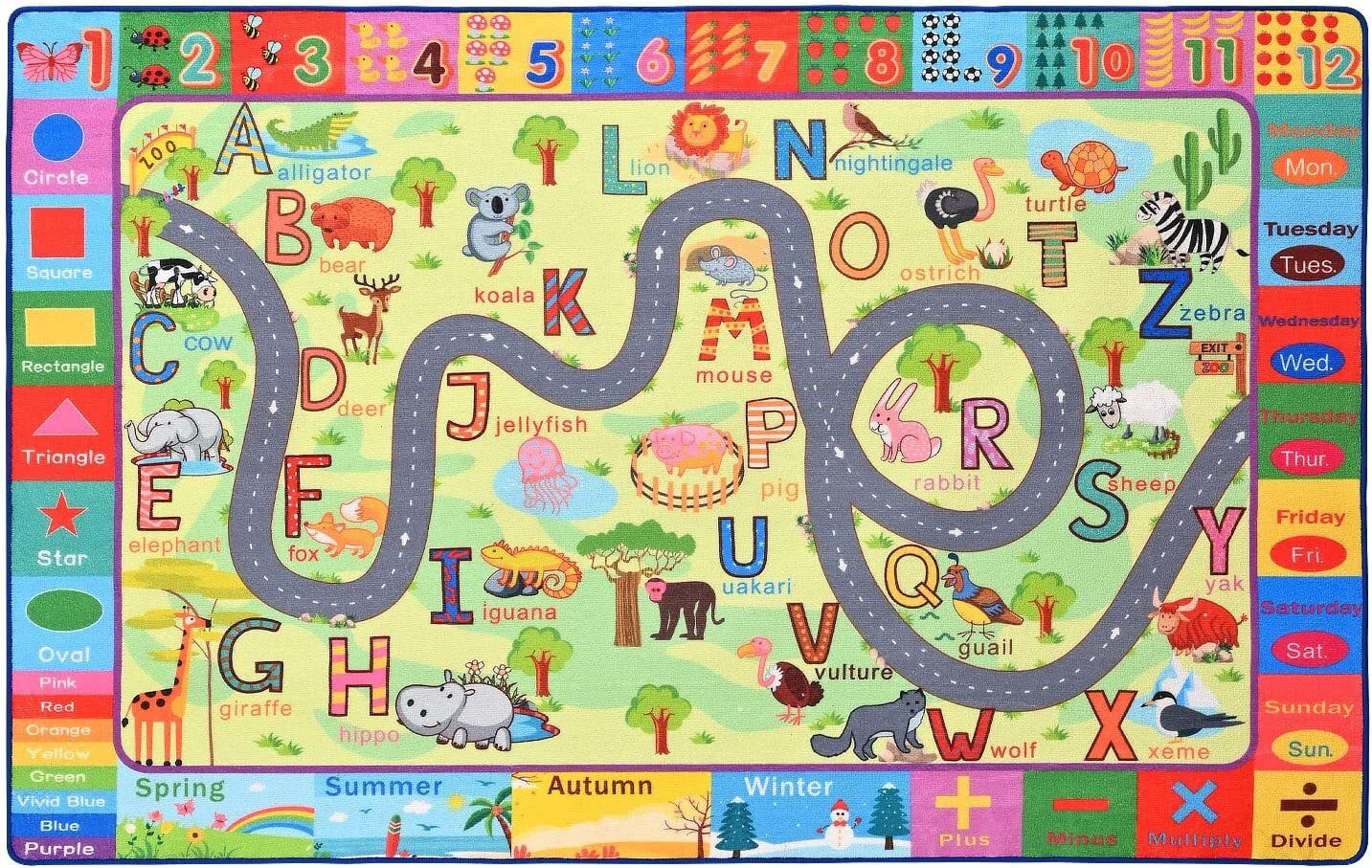 Kids Rugs Animals Zoo Carpet Play Rug for Playroom ABC Educational Mat Alphabet Area Rug, Cute Cartoon Daycare Supplies, Kids Gift for Playroom,Bedroom and Nursery 3'X5'