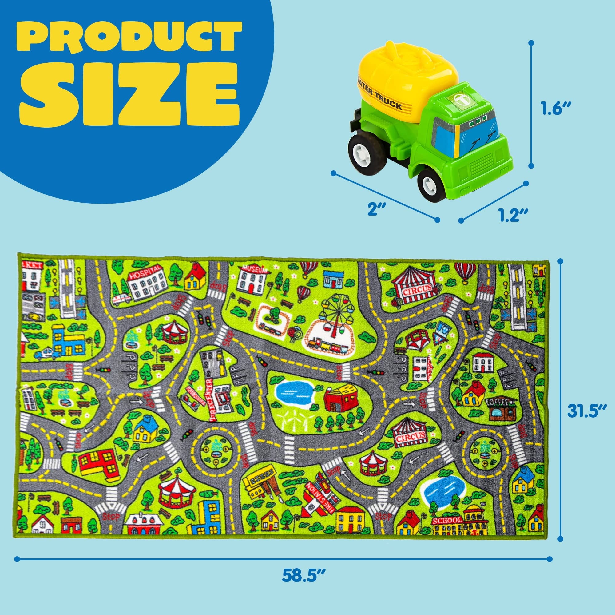 Kids Car Play Rug for Playroom,Durable Toddler Car Track Play Mat Rug,Car Carpet with 12 Pull-Back Vehicle Set
