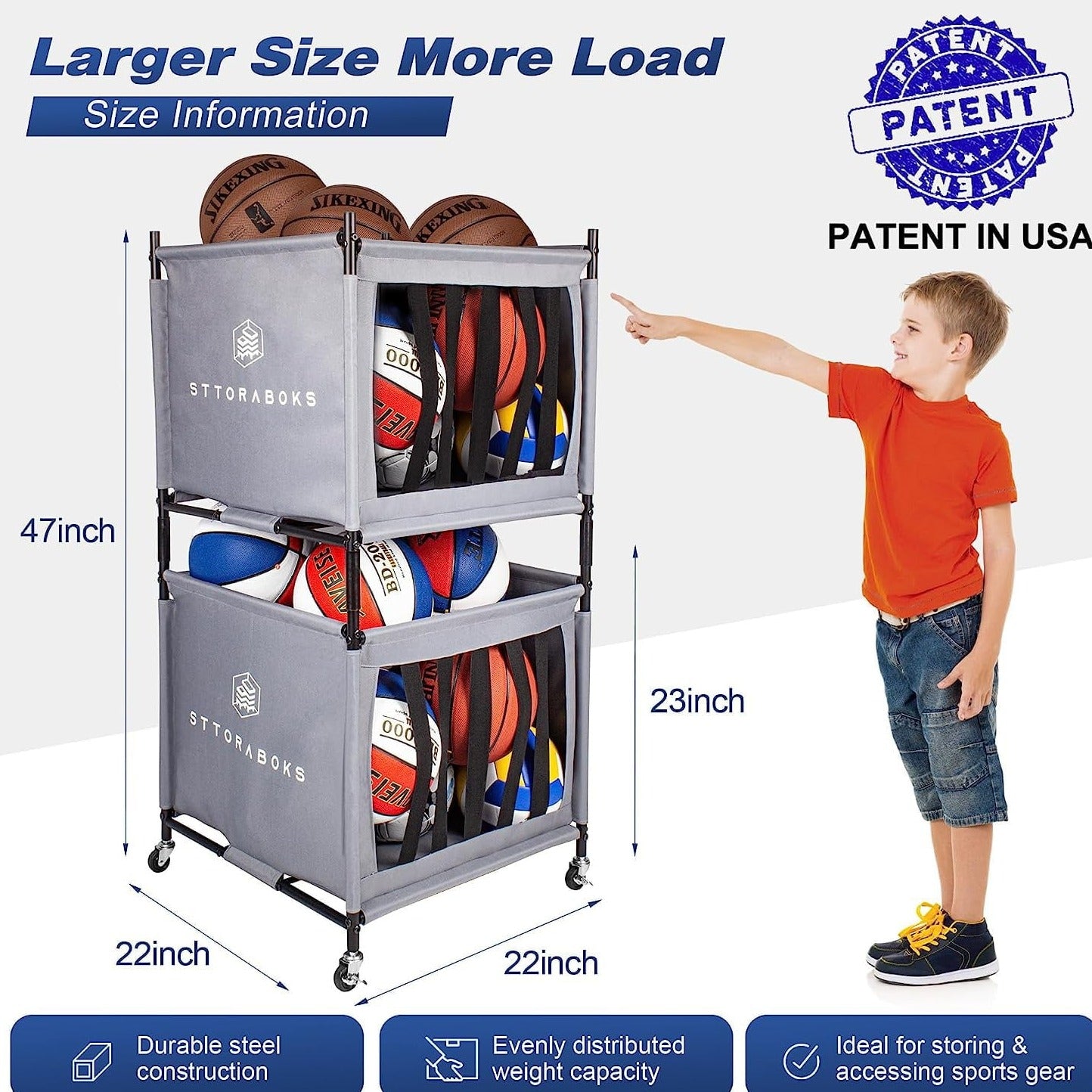 Sports Ball Storage Cart with Wheels, Lockable Ball Organizer Basket with Elastic Straps, Stackable Ball Cage for Garage Storage, Gym, Sports Equipment Storage Oxford Bin, Ball Case
