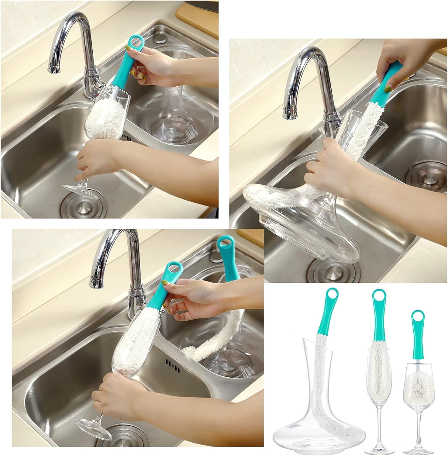 3 Pieces Wine Cleaning Brush Flexible Bottle Scourer with Stainless Steel Decanter Cleaning Balls Multi-Function Household Cleaning Tools for Goblets/Champagne Flutes/Cups/Glasses (Green)