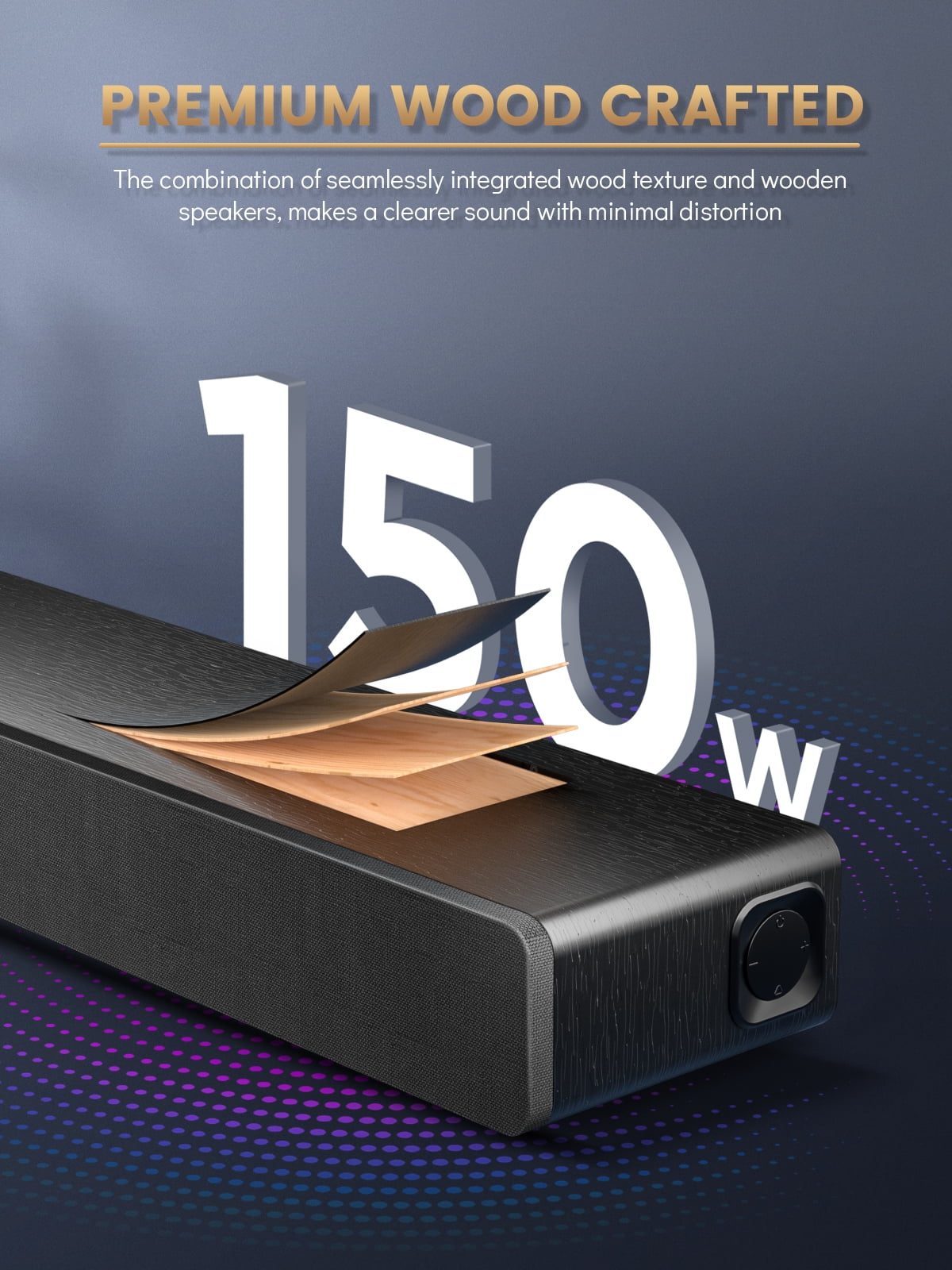 Sound Bar 28Inch Sound Bar for TV Built-In Subwoofer Wooden 150W Includes HDMI Cable Bass/Treble Adjustable 5 EQ Modes HDMI Arc/Optical/Aux/Bluetooth/Usb