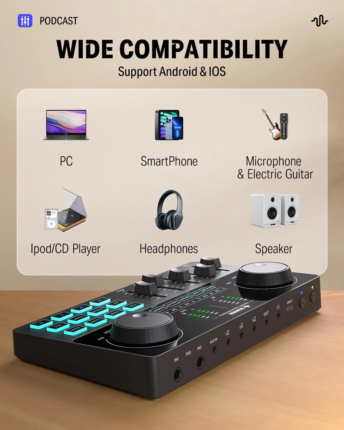 Podcast Equipment Bundle Kit with 6.35Mm Microphone, Multifunction Podcast Mixer with Audio Interface for Live Streaming, Music Recording, Fits Most PC, Smartphones, Tablets