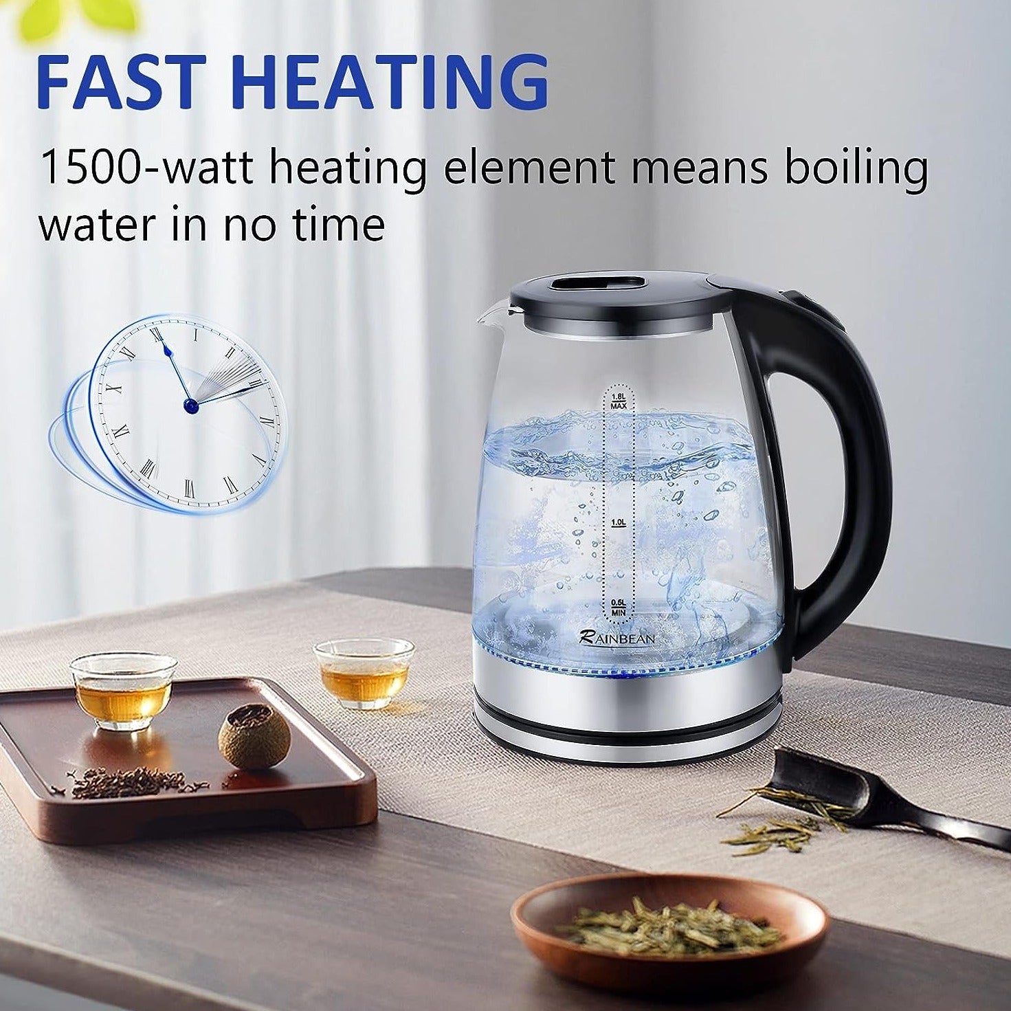 Electric Kettle Water Boiler, 1.8L Electric Tea Kettle, Wide Opening Hot Water Boiler With LED Light, Auto Shut-Off & Boil Dry Protection, Glass Black