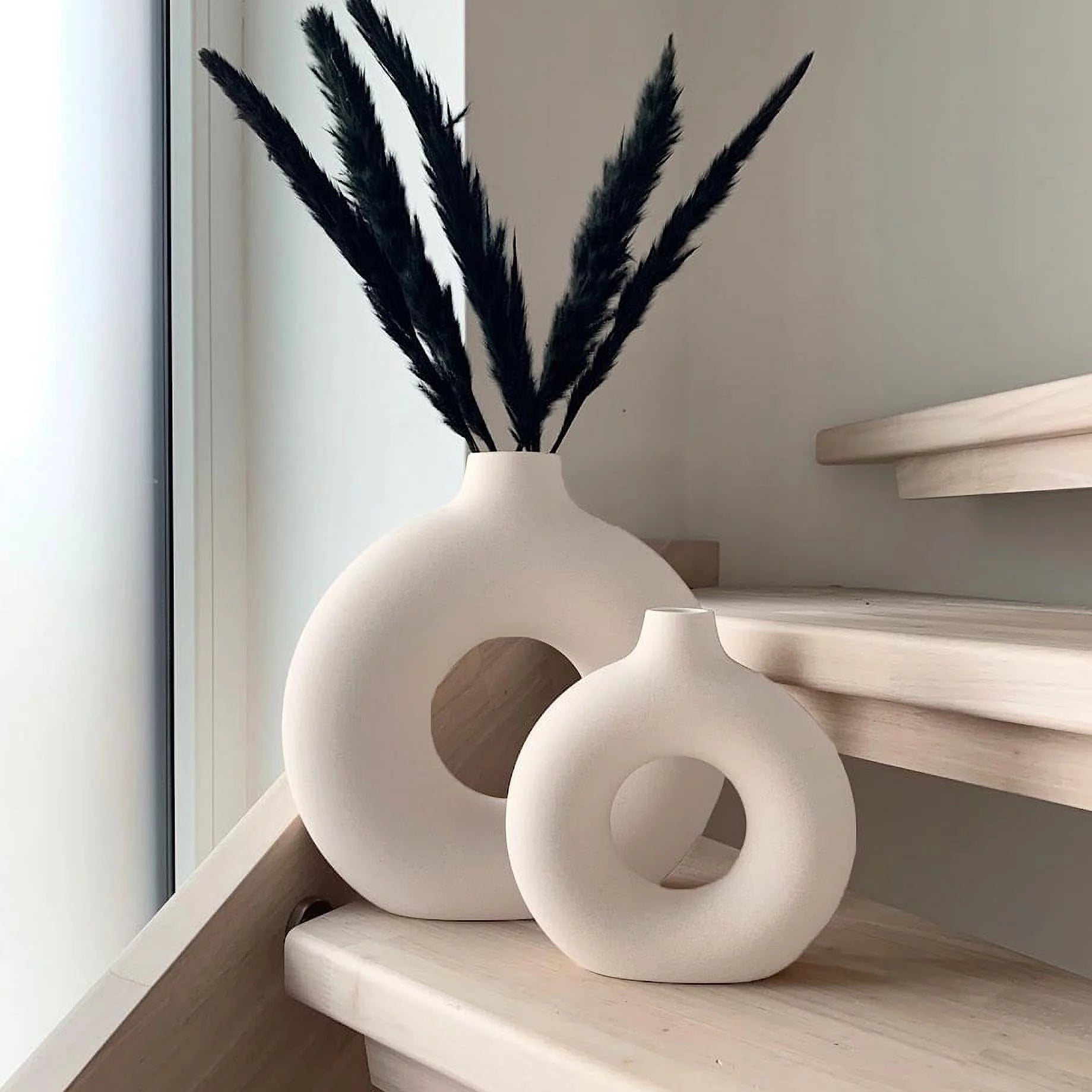 Ceramic Vases for Home Decor, Set of 2 Dount Vases, Modern Vase, White Vases, Farmhouse Vase, Decorative Vase, round Boho Vase for Bookshelf, Mantel, Table, Fireplace Decor