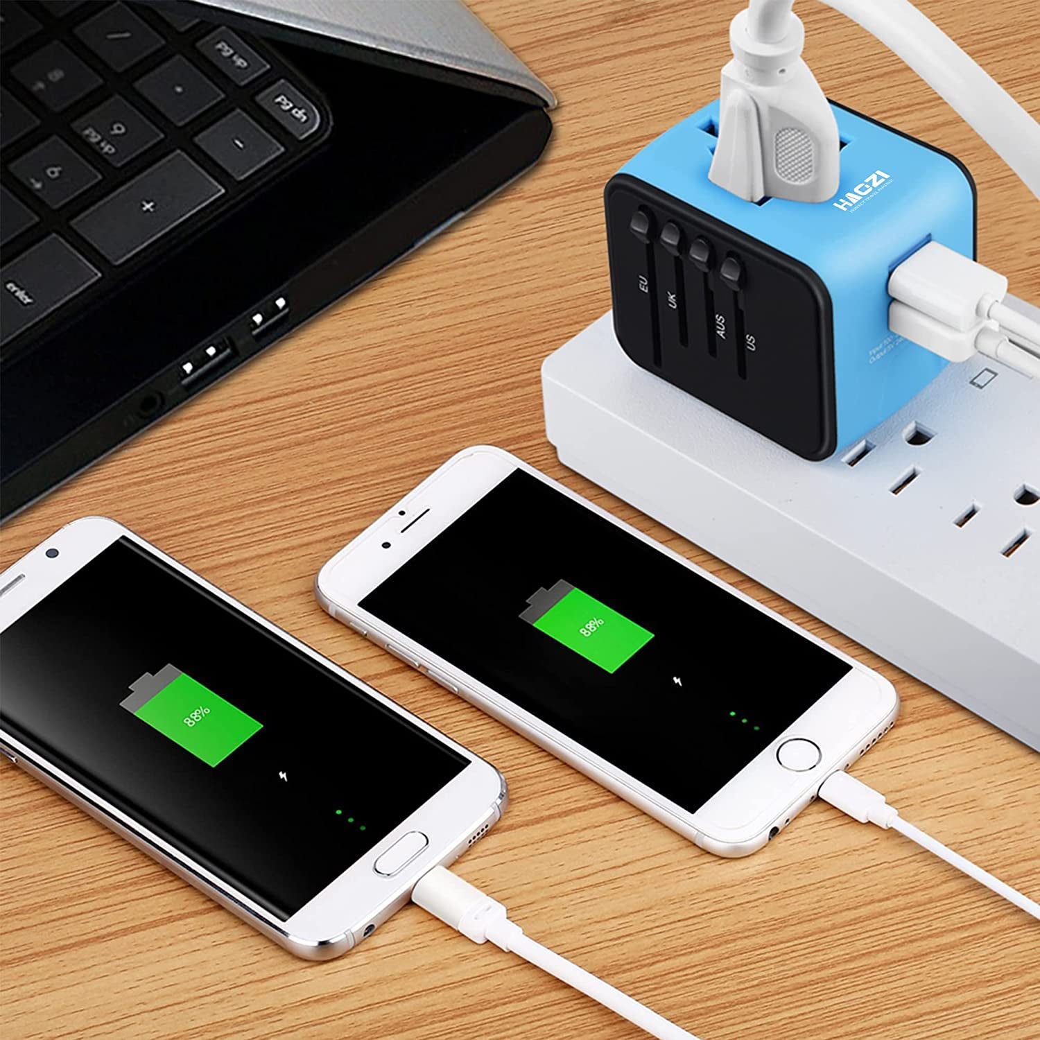 Universal Travel Adapter, All-In-One International Power Adapter with 2.4A Dual USB, European Wall Charger for UK, EU, AU, Asia Covers 150+Countries (Blue)
