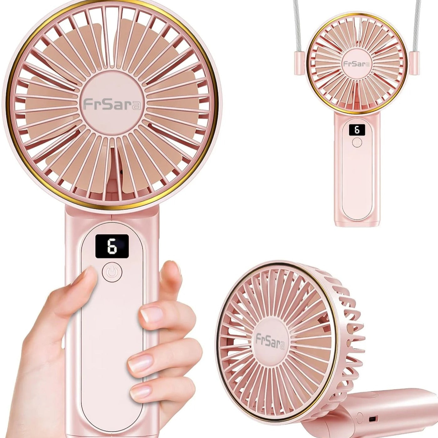 Portable Handheld Mini Fan, Neck Fan, 4000Mah Desk Fan, 180° Adjustable, 6 Speed Wind, Display Electricity in Real Time, USB Rechargeable Foldable Fan, Quiet Personal Fan with Power Bank Pink