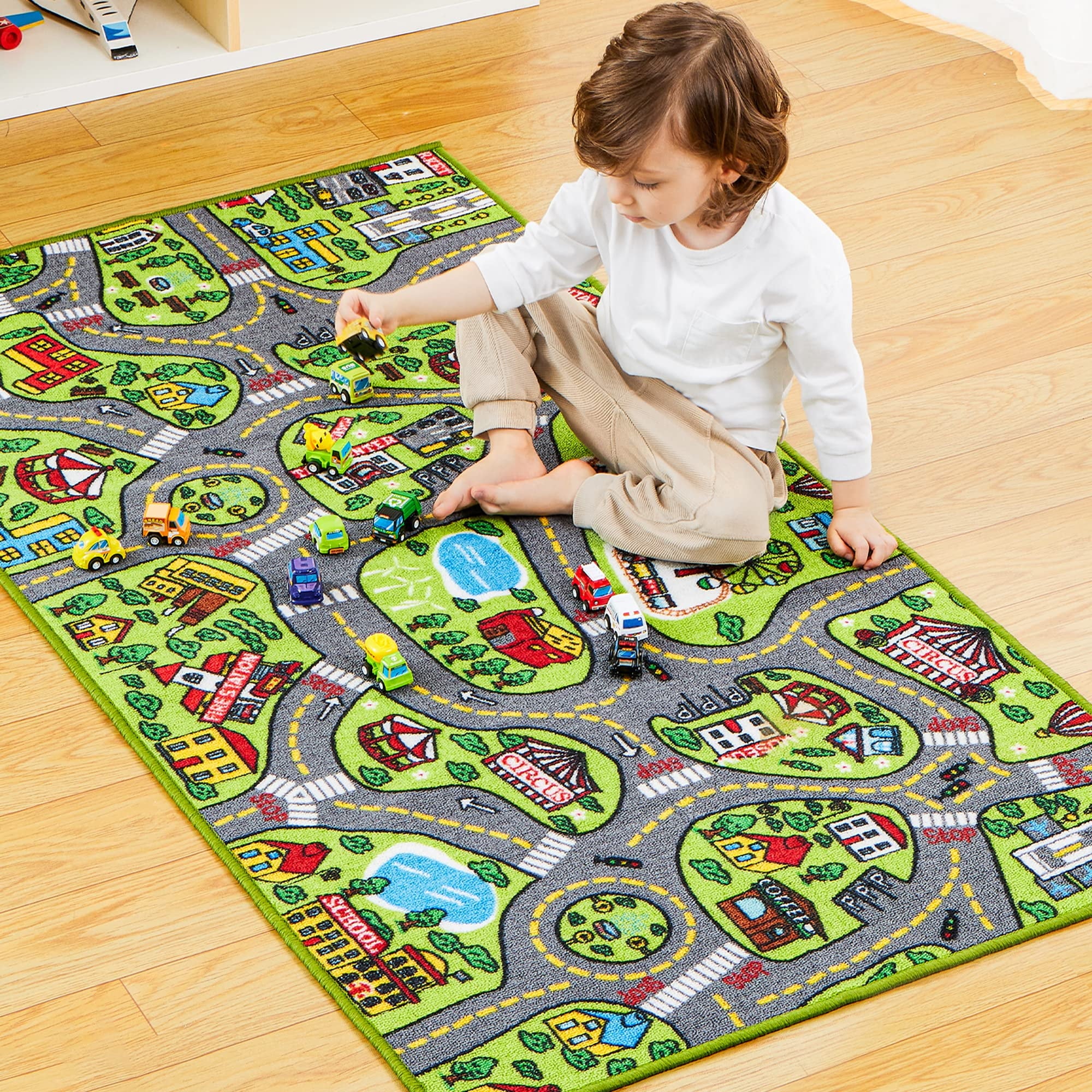 Kids Car Play Rug for Playroom,Durable Toddler Car Track Play Mat Rug,Car Carpet with 12 Pull-Back Vehicle Set