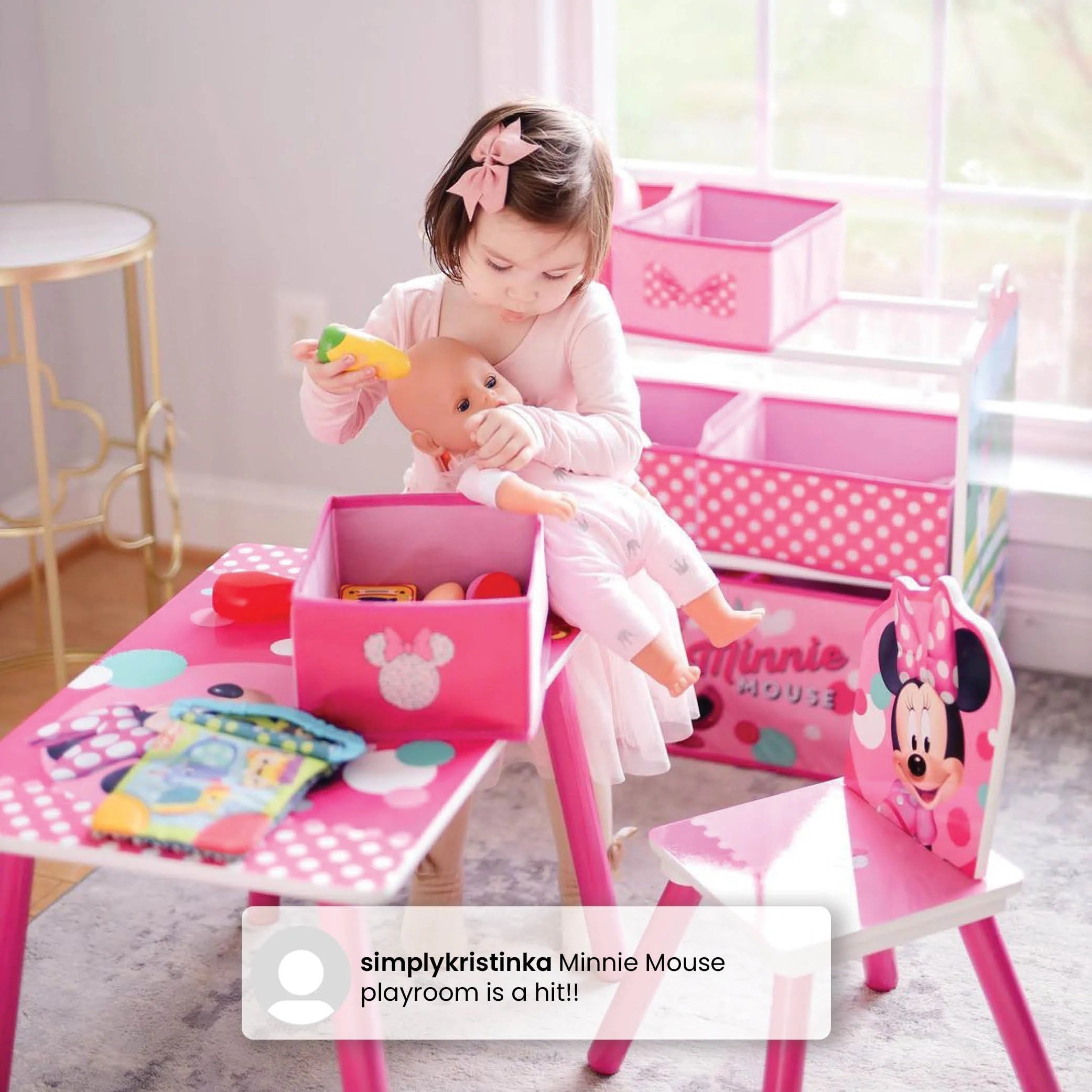 Minnie Mouse 4-Piece Wood Toddler Playroom Set – Includes Table, 2 Chairs & Toy Bin, Pink