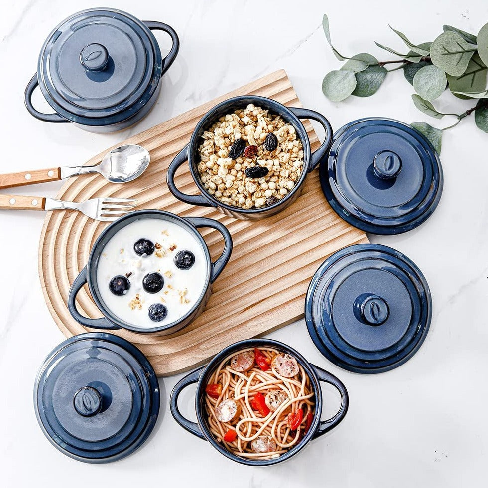12 Oz Ramekins with Lids, Mini Casserole Dish with Lid Oven Safe, Small Casserole Dish Set, Oven Safe Bowls, Mini Baking Dishes for Oven with Lids, Farmhouse Style (Blue)