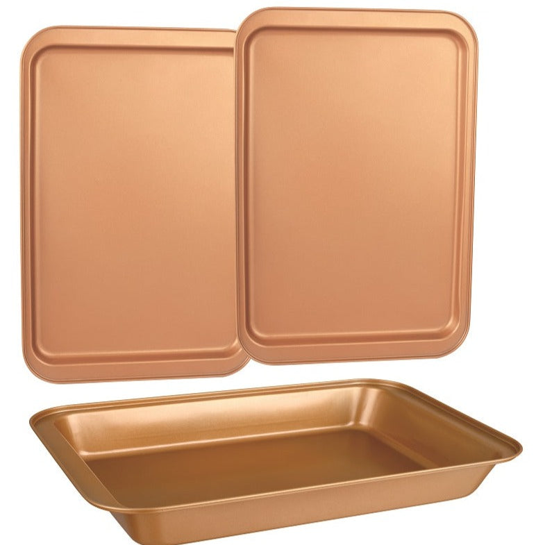 Original Cookie Sheet & Roasting Tray Set - 3 Pcs Toxic Free NONSTICK - Organic Environmental Friendly Premium Coating - Durable Quality - 2 X Baking Sheets 1 X Roasting Pan - BAKEWARE