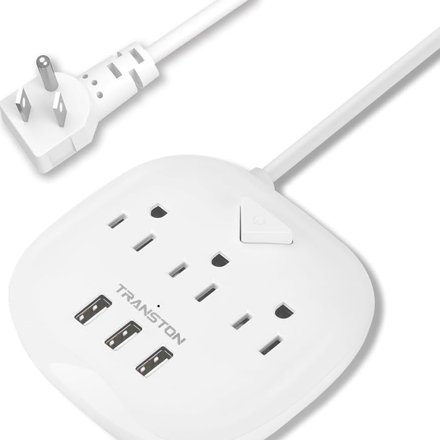 Power Strip 3 Outlets and 3 USB Ports with Switch Control, Desktop Charging Station with 5 Ft Extension Cord, Compact for Nightstand, Office and Travel - White
