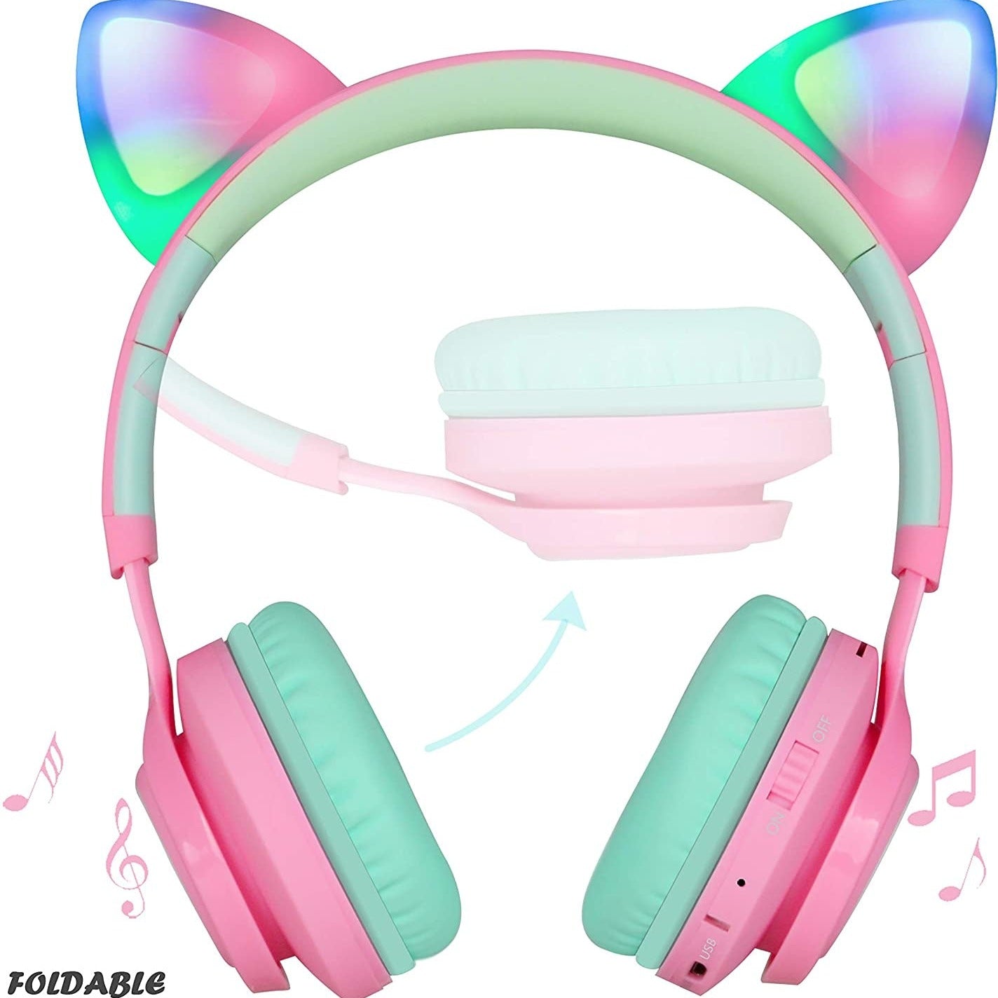 CT-7 Cat Ear Bluetooth Headphones, LED Light up Bluetooth Wireless over Ear Headphones with Microphone and Volume Control for Travel/School/Smartphones/Laptop/Pc/Tv