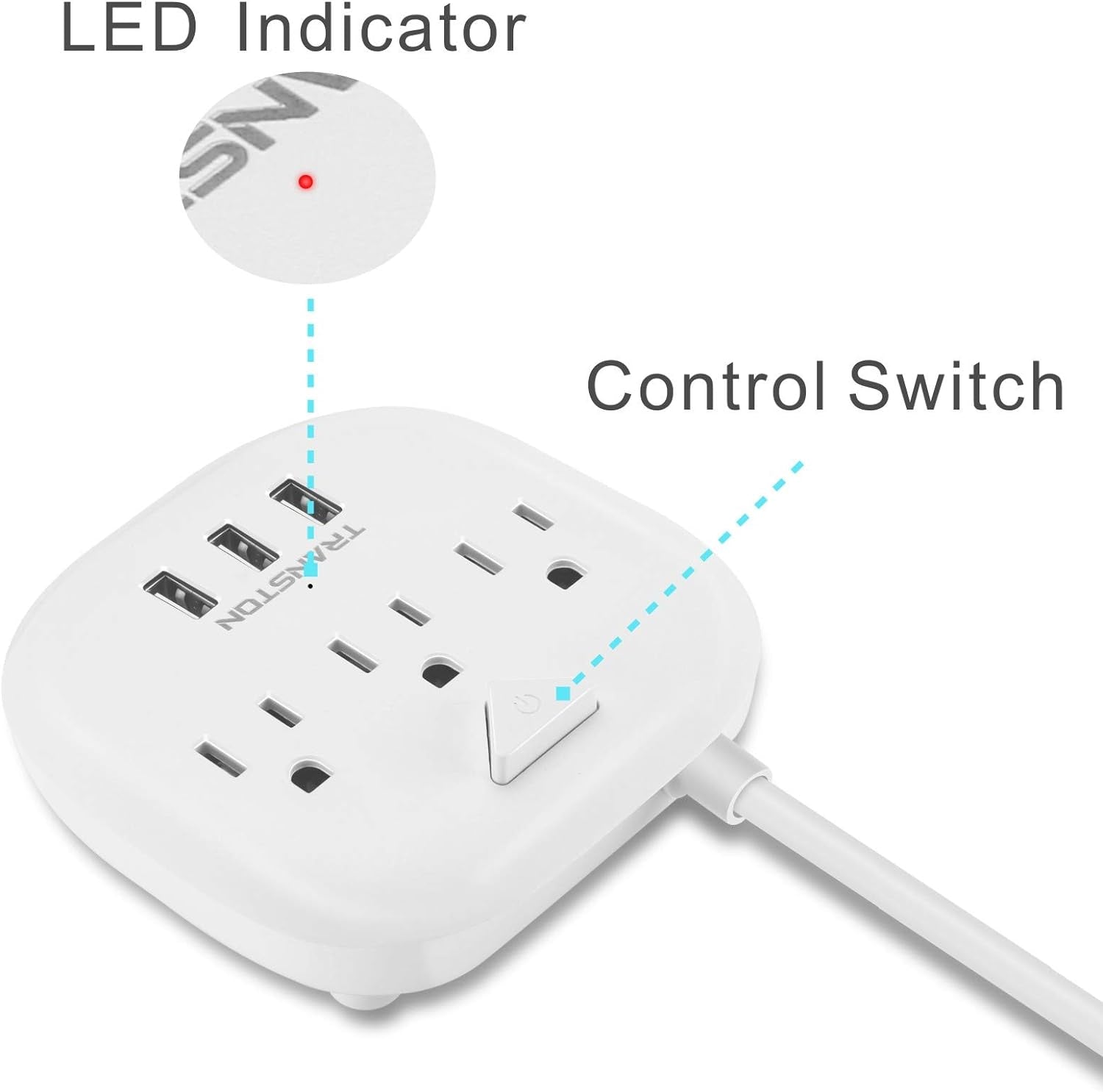Power Strip 3 Outlets and 3 USB Ports with Switch Control, Desktop Charging Station with 5 Ft Extension Cord, Compact for Nightstand, Office and Travel - White