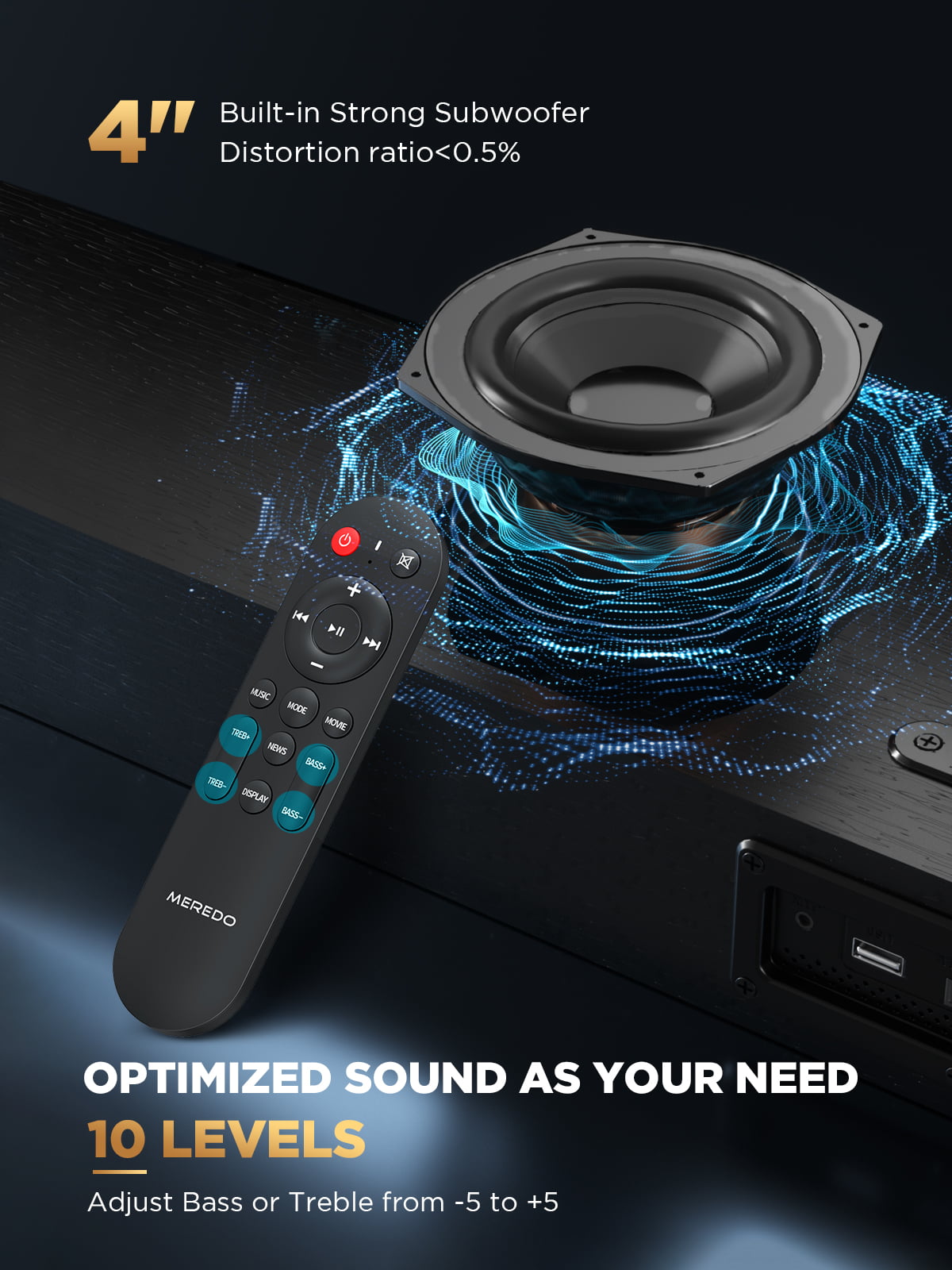 Sound Bar 28Inch Sound Bar for TV Built-In Subwoofer Wooden 150W Includes HDMI Cable Bass/Treble Adjustable 5 EQ Modes HDMI Arc/Optical/Aux/Bluetooth/Usb