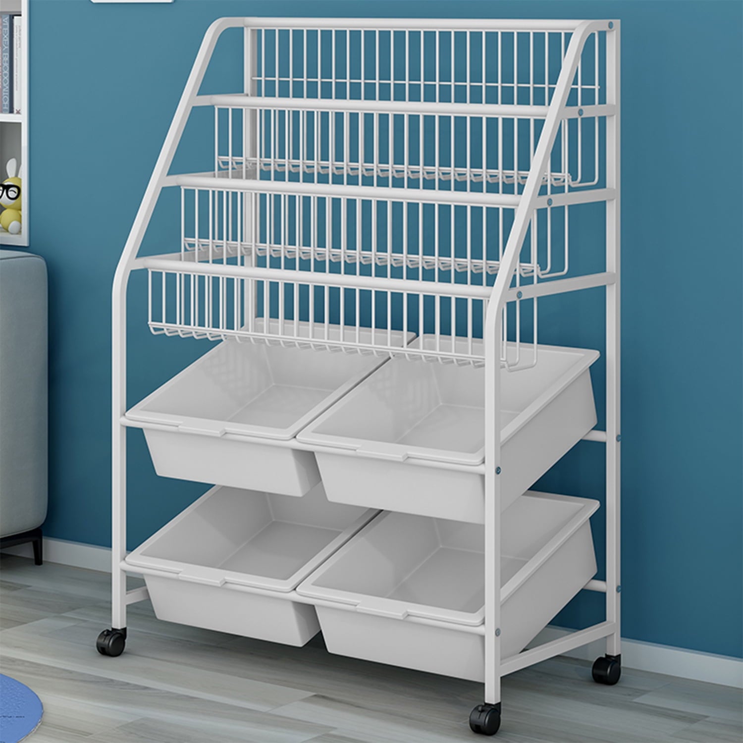 Toy Storage Cabinet,Children'S Toy Storage Rack with 4 Storage Box for Playroom Bedroom Living Room,Beige