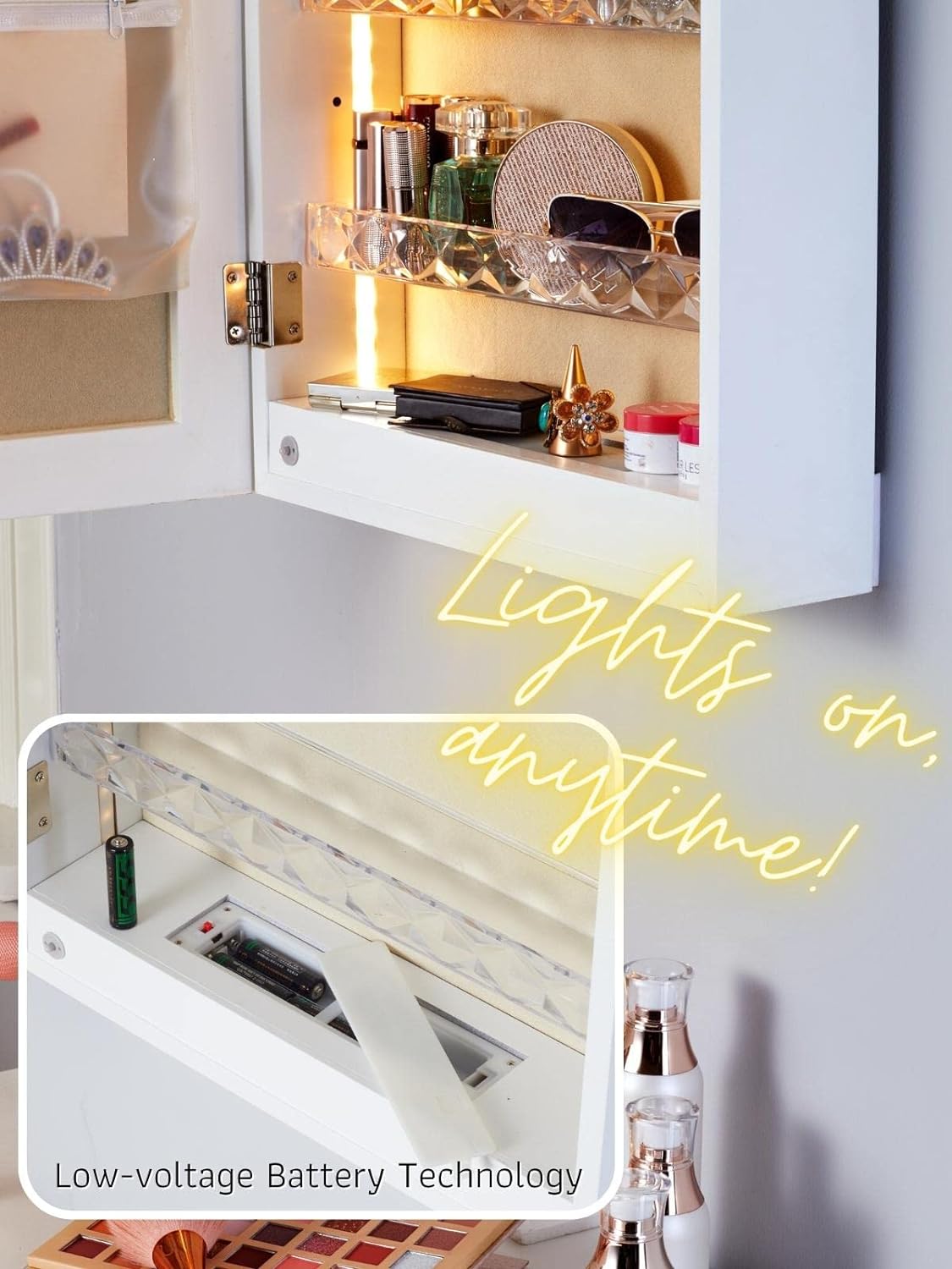 LED Jewelry Organizer with Mirror, Small Jewelry Cabinet Wall-Mount/Door-Hanging Armoire,Lightweight Jewelry Storage for Bedroom