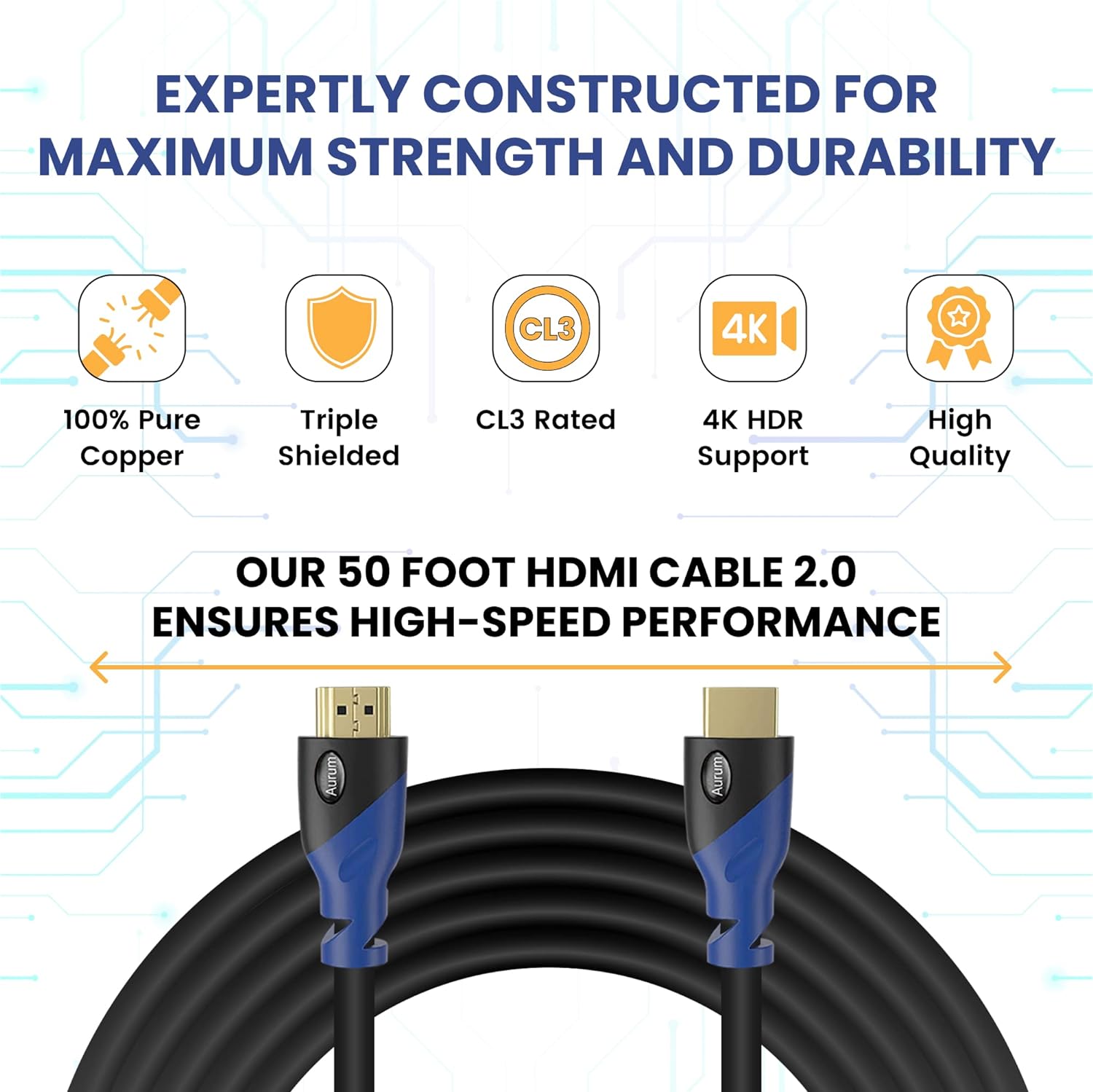 4K HDMI Cable 50Ft Long, 4K@60Hz High Speed HDMI Cord with Ethernet, Supports UHD Resolution, ARC, 3D, CL3 Certified - Compatible with HDTV, PC, Laptop, PS3, Xbox, Blu-Ray