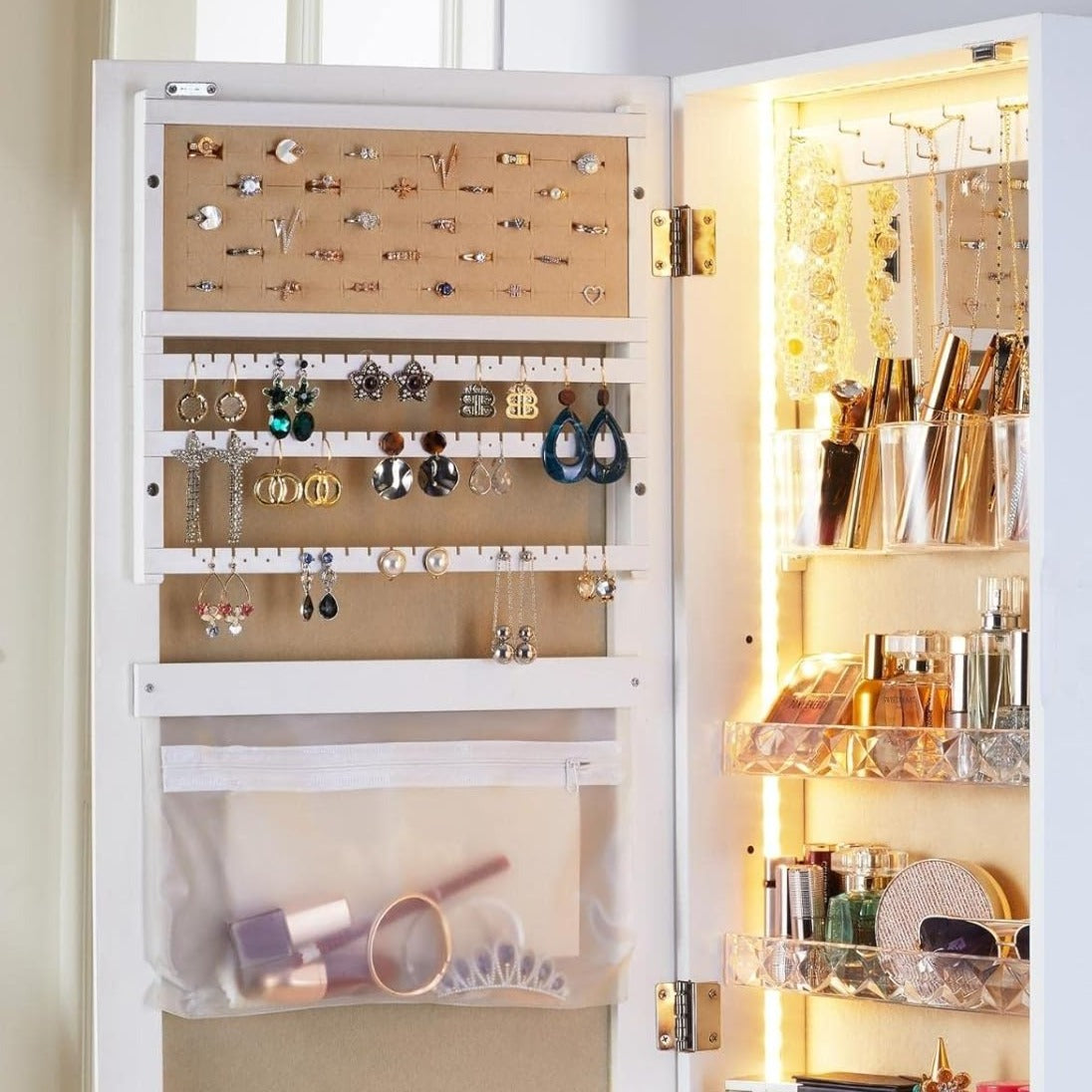 LED Jewelry Organizer with Mirror, Small Jewelry Cabinet Wall-Mount/Door-Hanging Armoire,Lightweight Jewelry Storage for Bedroom