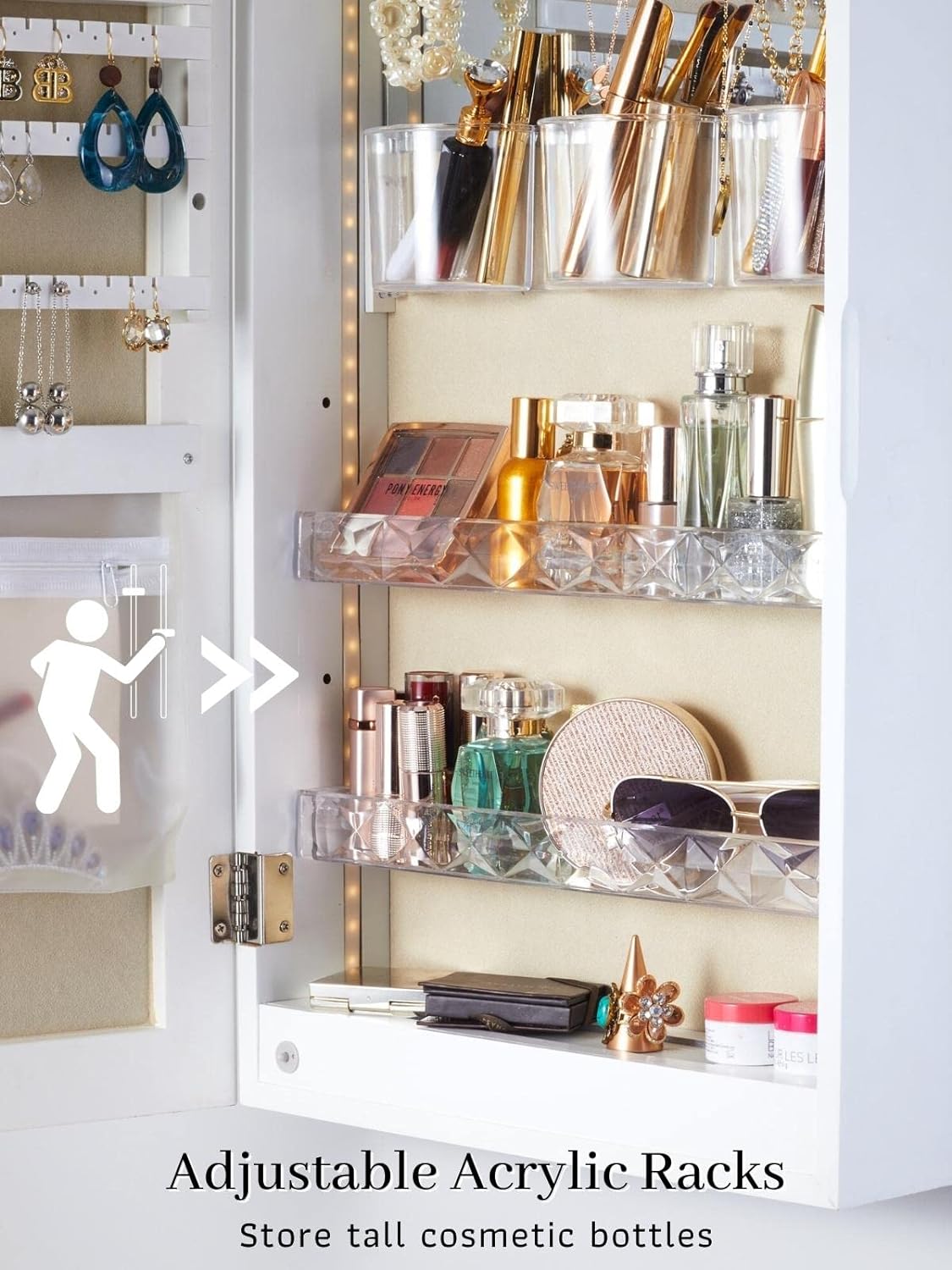 LED Jewelry Organizer with Mirror, Small Jewelry Cabinet Wall-Mount/Door-Hanging Armoire,Lightweight Jewelry Storage for Bedroom