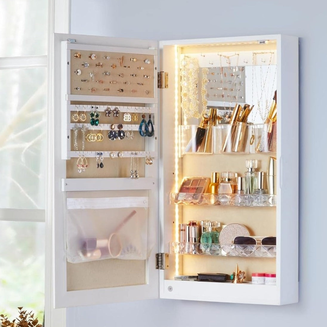 LED Jewelry Organizer with Mirror, Small Jewelry Cabinet Wall-Mount/Door-Hanging Armoire,Lightweight Jewelry Storage for Bedroom