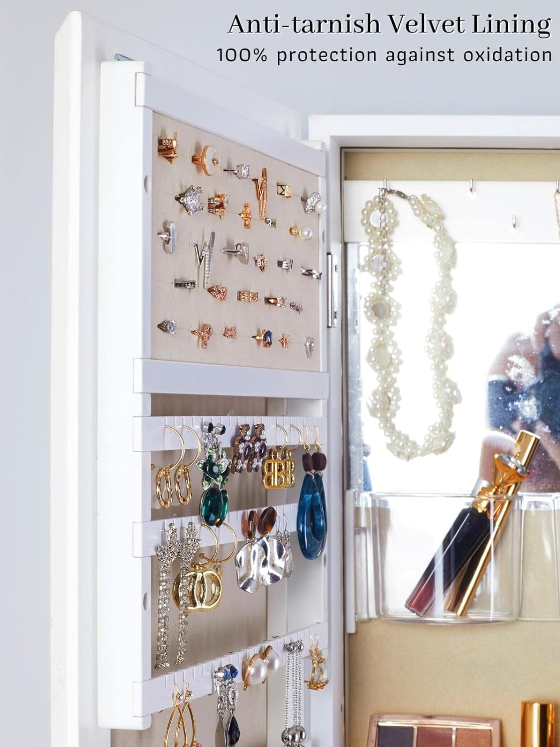 LED Jewelry Organizer with Mirror, Small Jewelry Cabinet Wall-Mount/Door-Hanging Armoire,Lightweight Jewelry Storage for Bedroom