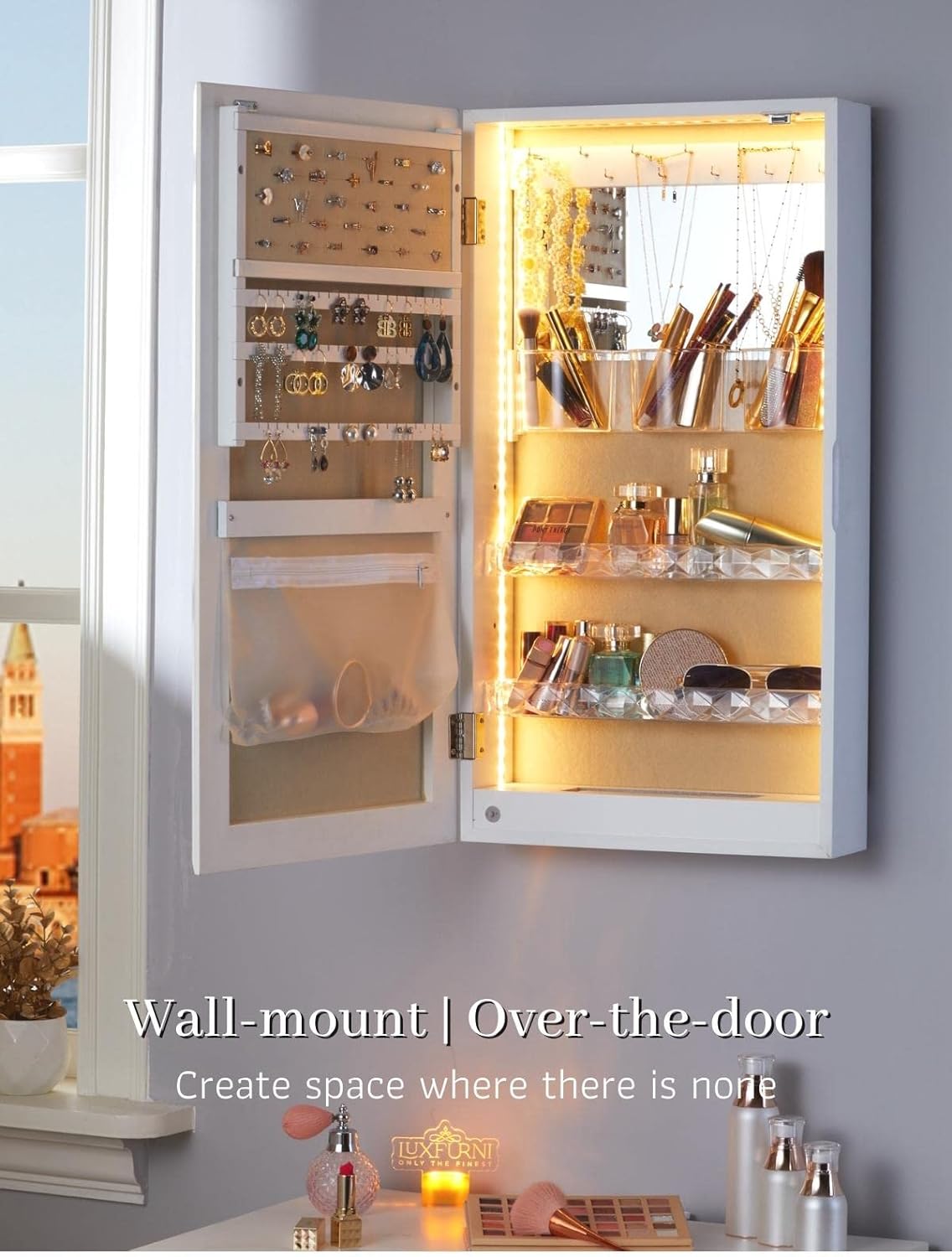 LED Jewelry Organizer with Mirror, Small Jewelry Cabinet Wall-Mount/Door-Hanging Armoire,Lightweight Jewelry Storage for Bedroom