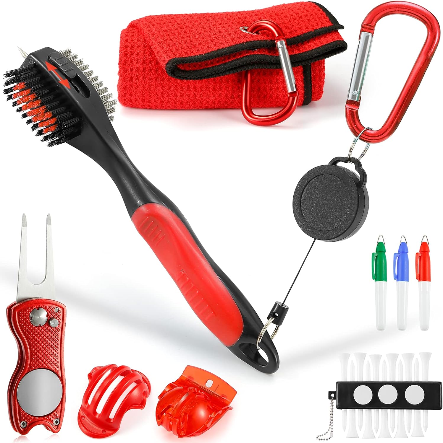 Accessories Set - PRO Retractable Club Brush, Microfiber Waffle Pattern Towel, Divot Repair Tool, Ball Marker - Club Cleaning Kit, Accessories for Men
