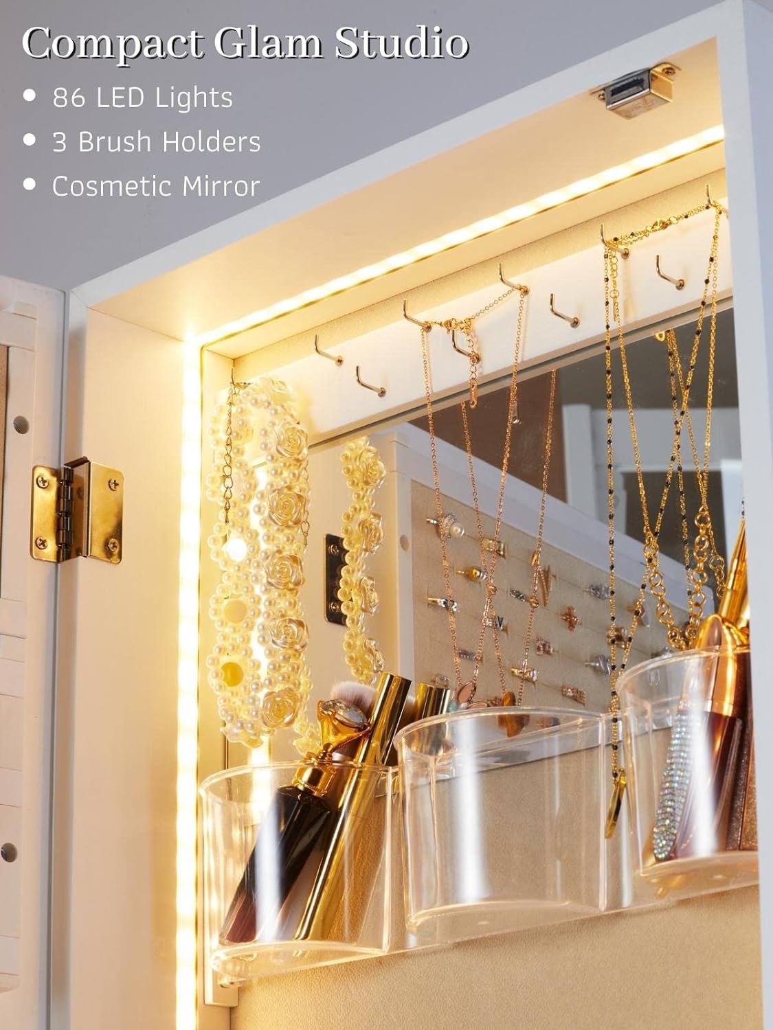 LED Jewelry Organizer with Mirror, Small Jewelry Cabinet Wall-Mount/Door-Hanging Armoire,Lightweight Jewelry Storage for Bedroom