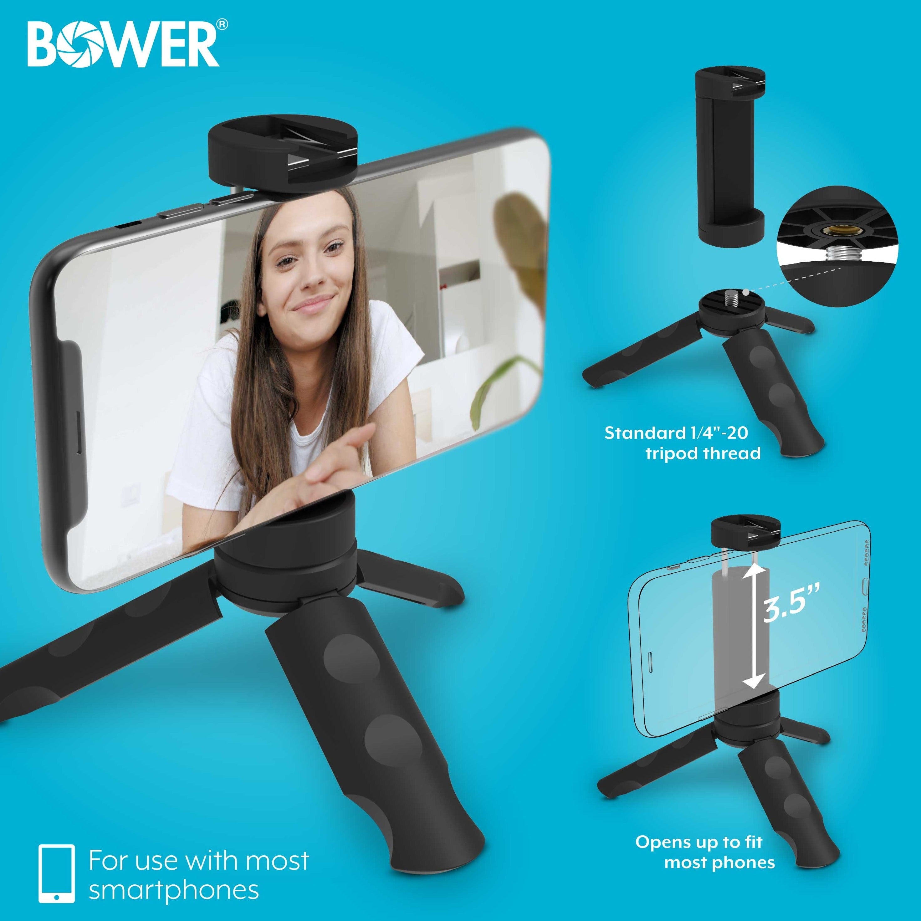 Mobile Top Grip Tripod with Cold Shoe Mount and 360 Degree Smartphone Holder, Also Compatible with LED Lights, Flashes & Microphones, Black