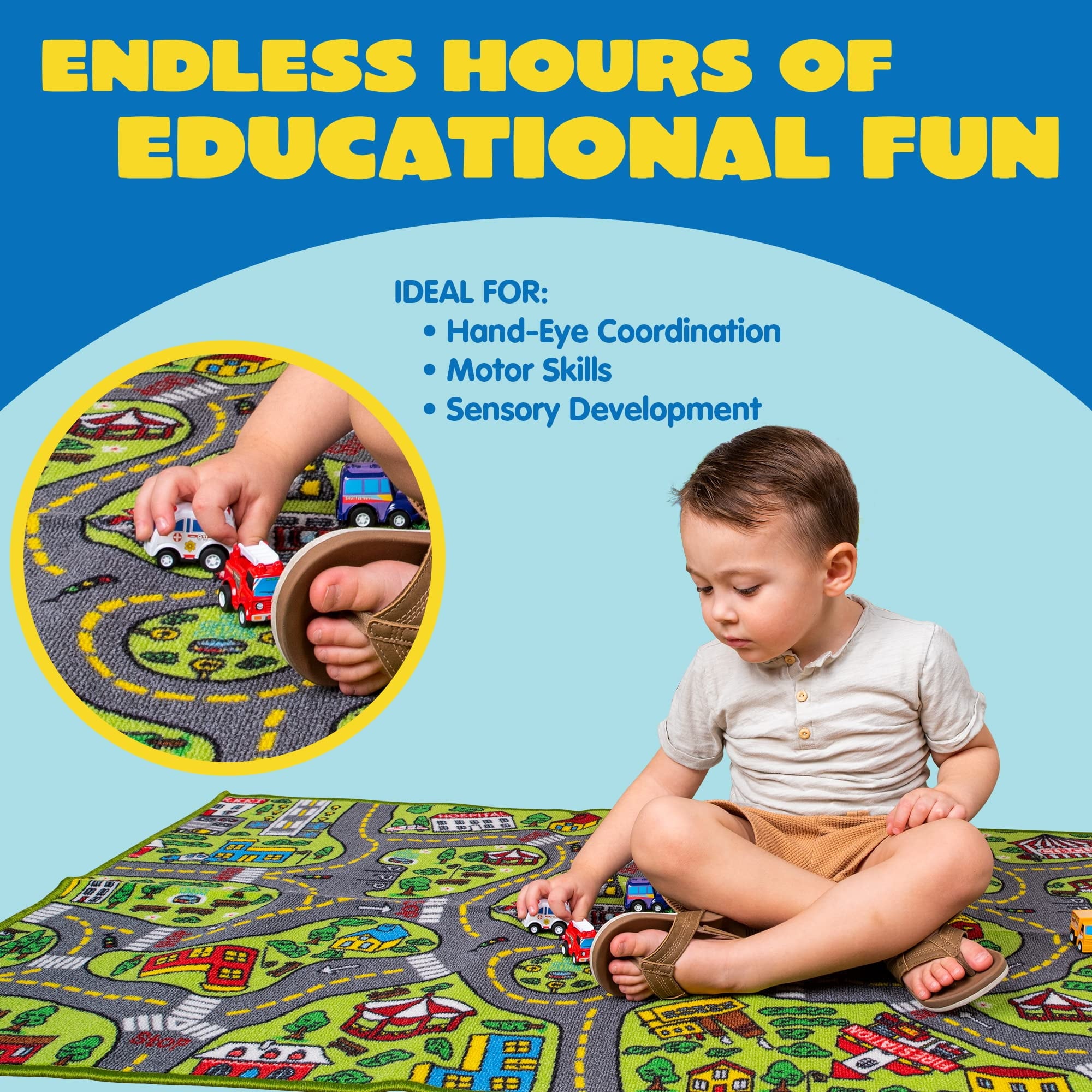 Kids Car Play Rug for Playroom,Durable Toddler Car Track Play Mat Rug,Car Carpet with 12 Pull-Back Vehicle Set