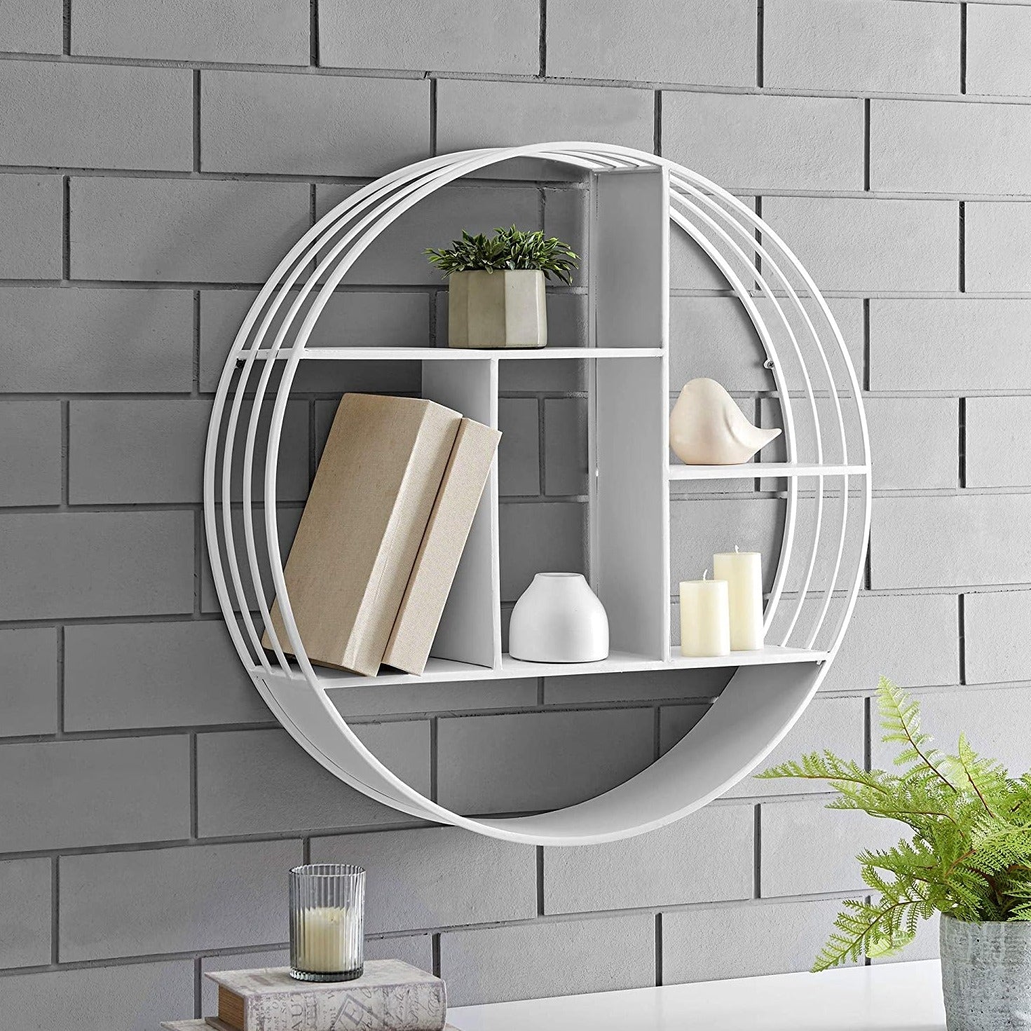 White Brody Wall Shelf, round 3 Tier Wall Mounted Floating Shelf for Bathroom, Bedroom, Living Room Decor, Metal, Industrial, 27.5 Inches