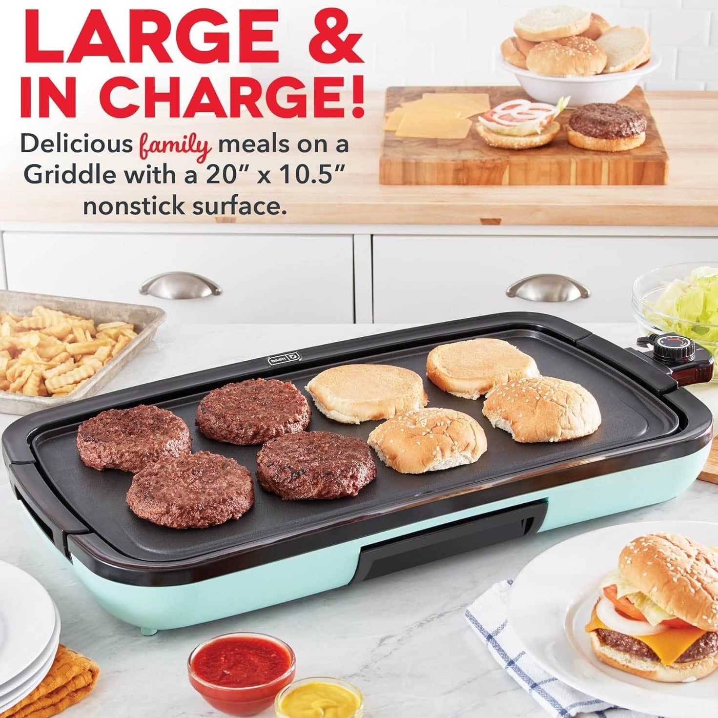 Deluxe Everyday Electric Griddle with Dishwasher Safe Removable Nonstick Cooking Plate for Pancakes, Burgers, Eggs and More, Includes Drip Tray + Recipe Book, 20” X 10.5”, 1500-Watt - Aqua