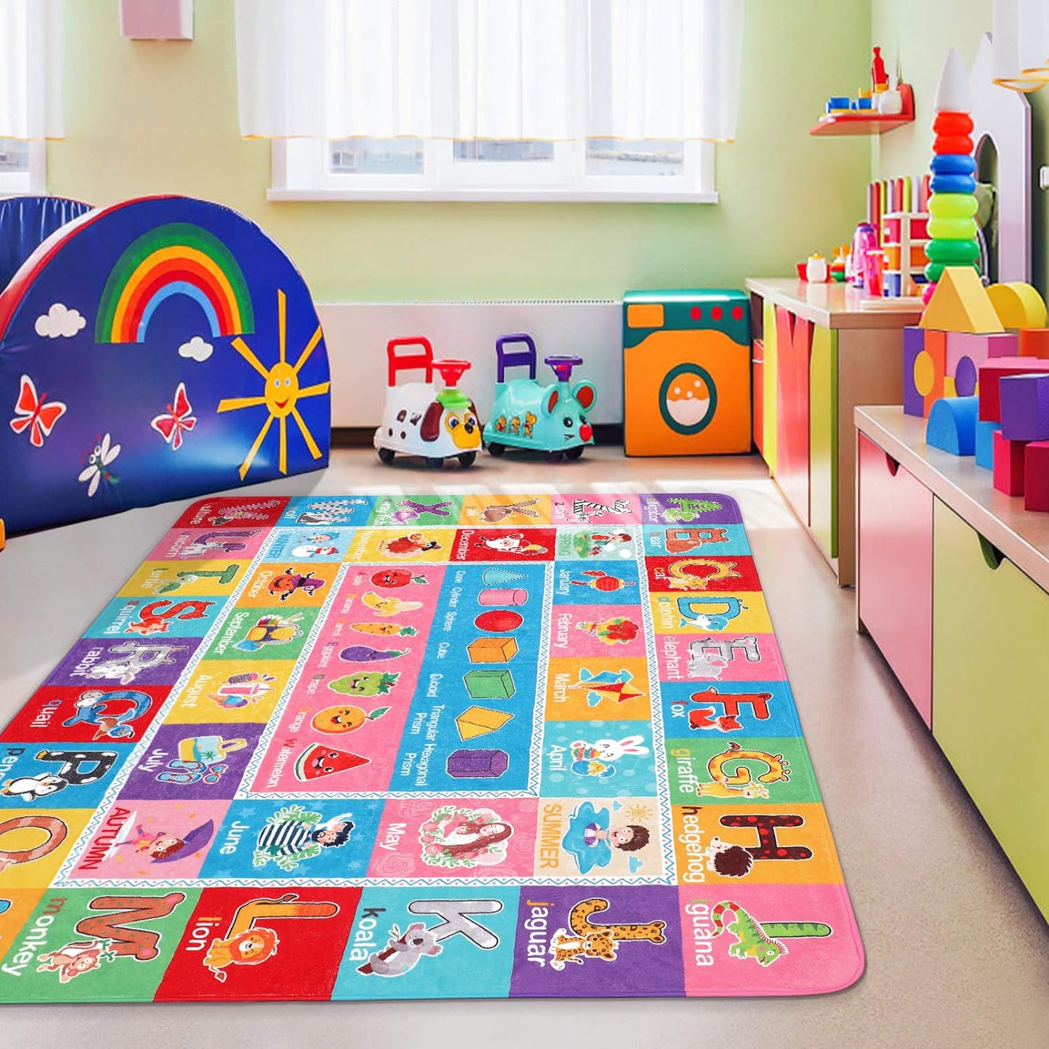 Play Rugs Playroom Mat with Colorful Pattern, Playtime Collection ABC Alphabet, Seasons, Months, Fruit and Shapes Playmat Educational Rug for Kids Playroom Bedroom, 55 X 43.3 Inch