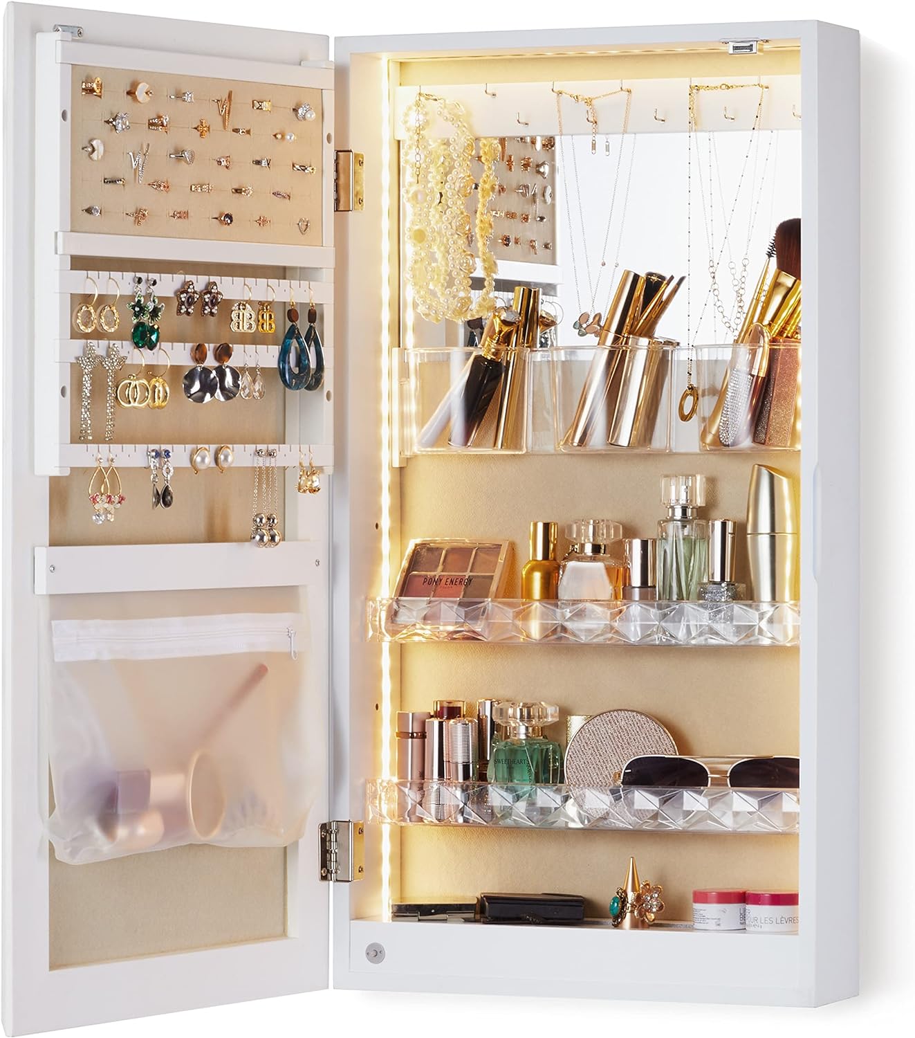 LED Jewelry Organizer with Mirror, Small Jewelry Cabinet Wall-Mount/Door-Hanging Armoire,Lightweight Jewelry Storage for Bedroom