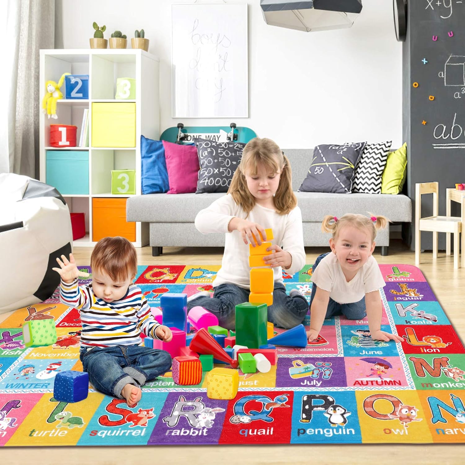 Play Rugs Playroom Mat with Colorful Pattern, Playtime Collection ABC Alphabet, Seasons, Months, Fruit and Shapes Playmat Educational Rug for Kids Playroom Bedroom, 55 X 43.3 Inch