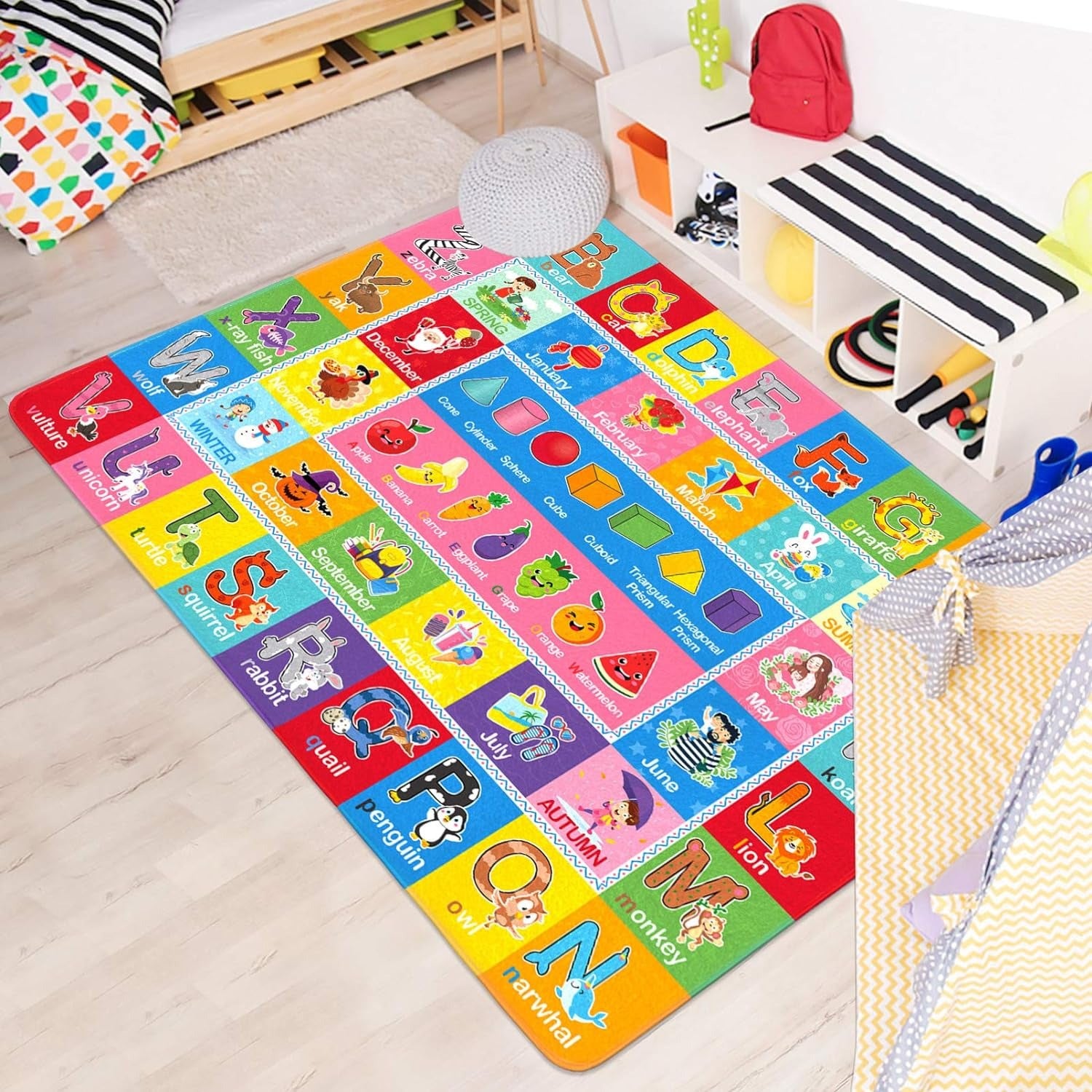 Play Rugs Playroom Mat with Colorful Pattern, Playtime Collection ABC Alphabet, Seasons, Months, Fruit and Shapes Playmat Educational Rug for Kids Playroom Bedroom, 55 X 43.3 Inch
