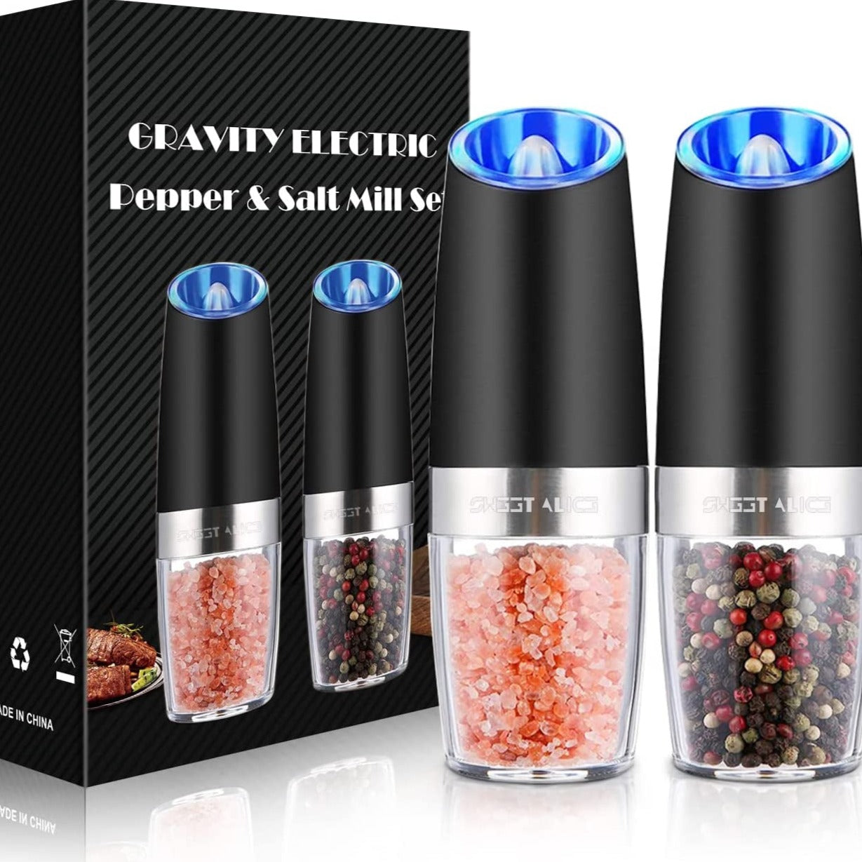 Gravity Electric Pepper and Salt Grinder Set, Adjustable Coarseness, Battery Powered with LED Light, One Hand Automatic Operation, Stainless Steel Black, 2 Pack