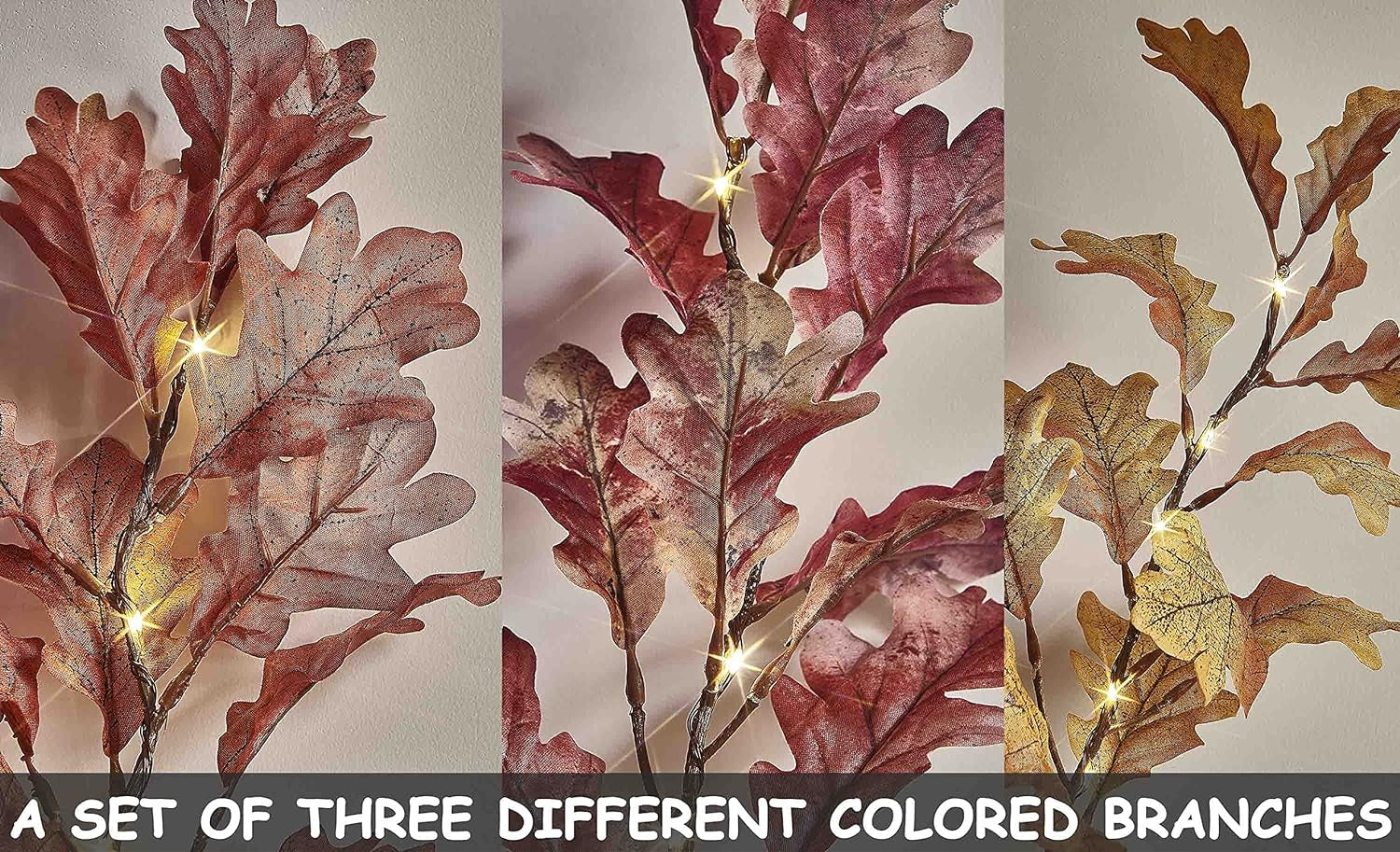 Lighted Red Oak Branches with Timer Battery Operated 25IN 24L LED, Tree Branch Lights for Fall Thanksgiving Halloween Christmas Decoration Indoor Outdoor