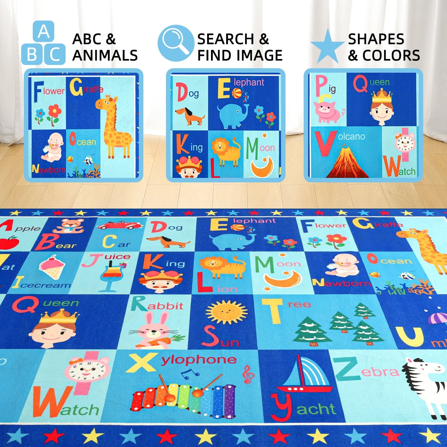 Kids Rugs for Playroom ABC Educational Area Rug, Cute Cartoon Daycare Supplies, Kids Gift for Playroom Bedroom,3'X5'Blue