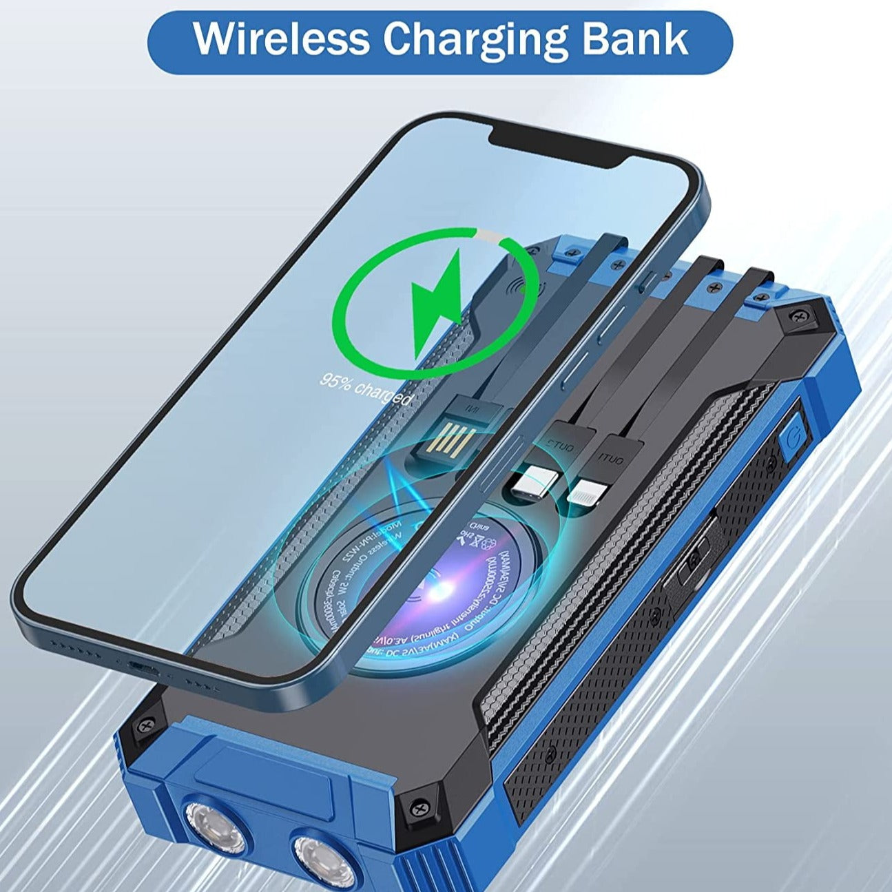 36000Mah Solar Charger Power Bank with 4 Cables, 15W Fast Charging Portable Charger for Cell Phone, Wireless Charger Solar Battery Pack with Dual Flashlights, Carabiner