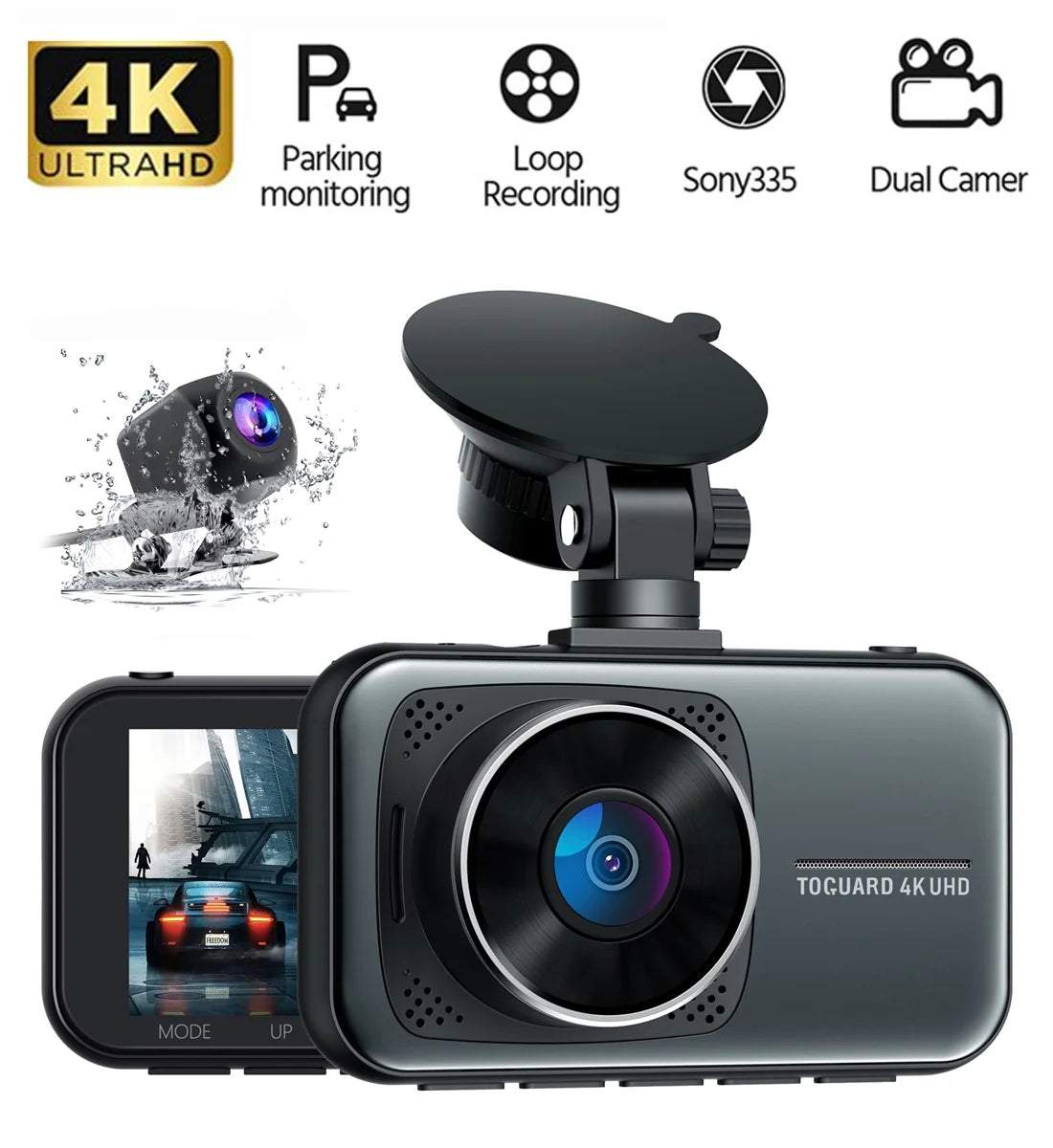 4K Dash Cam Front and Rear 3-Inch LCD WDR Dual Dash Camera, with 1080P Waterproof Car Camera, Loop Recording, G-Sensor Function, Motion Detection, Parking Monitor