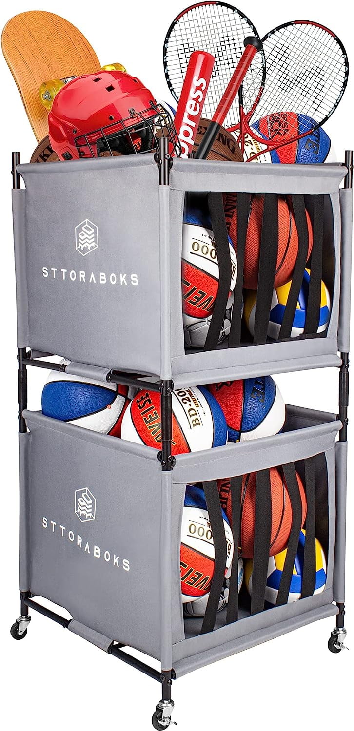 Sports Ball Storage Cart with Wheels, Lockable Ball Organizer Basket with Elastic Straps, Stackable Ball Cage for Garage Storage, Gym, Sports Equipment Storage Oxford Bin, Ball Case