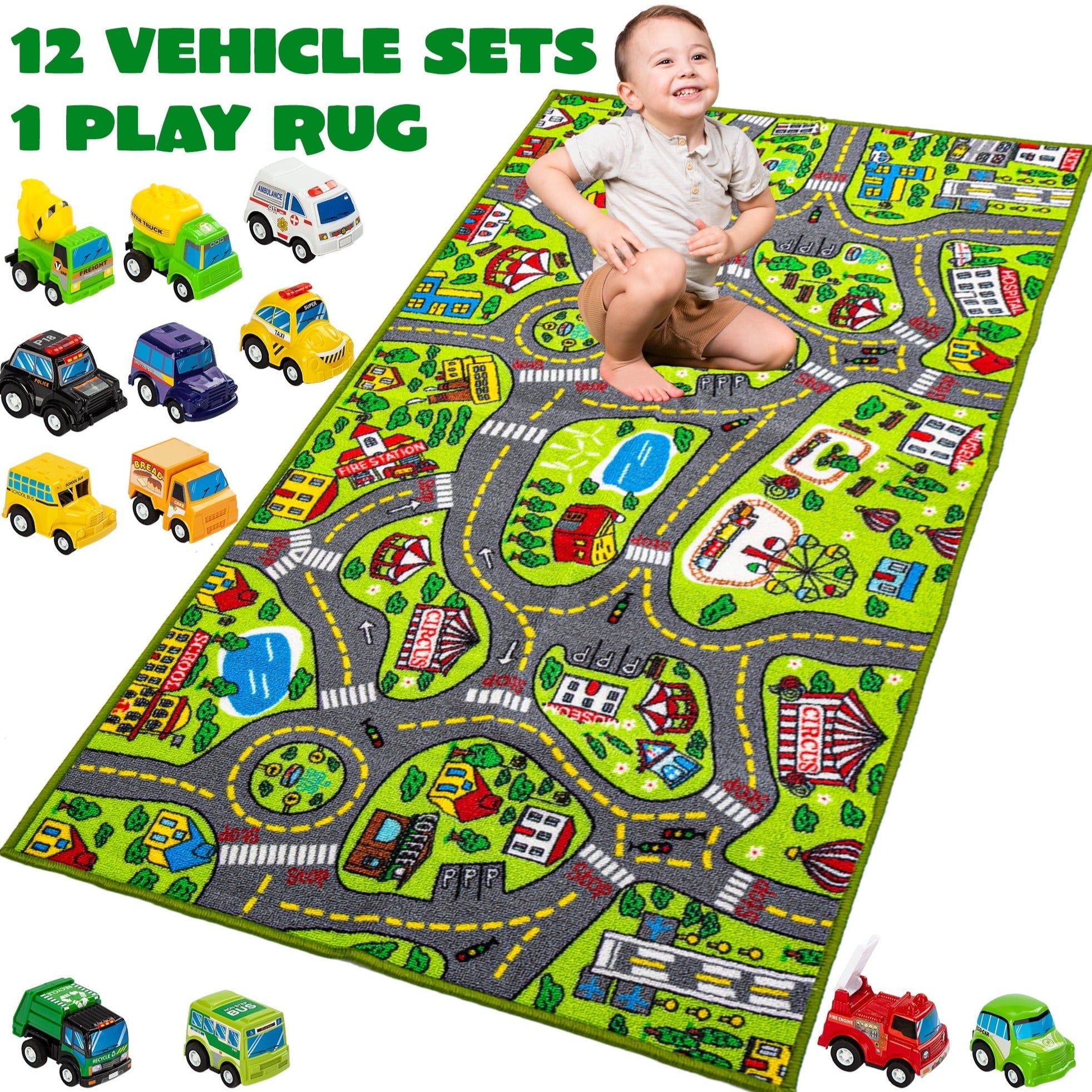 Kids Car Play Rug for Playroom,Durable Toddler Car Track Play Mat Rug,Car Carpet with 12 Pull-Back Vehicle Set